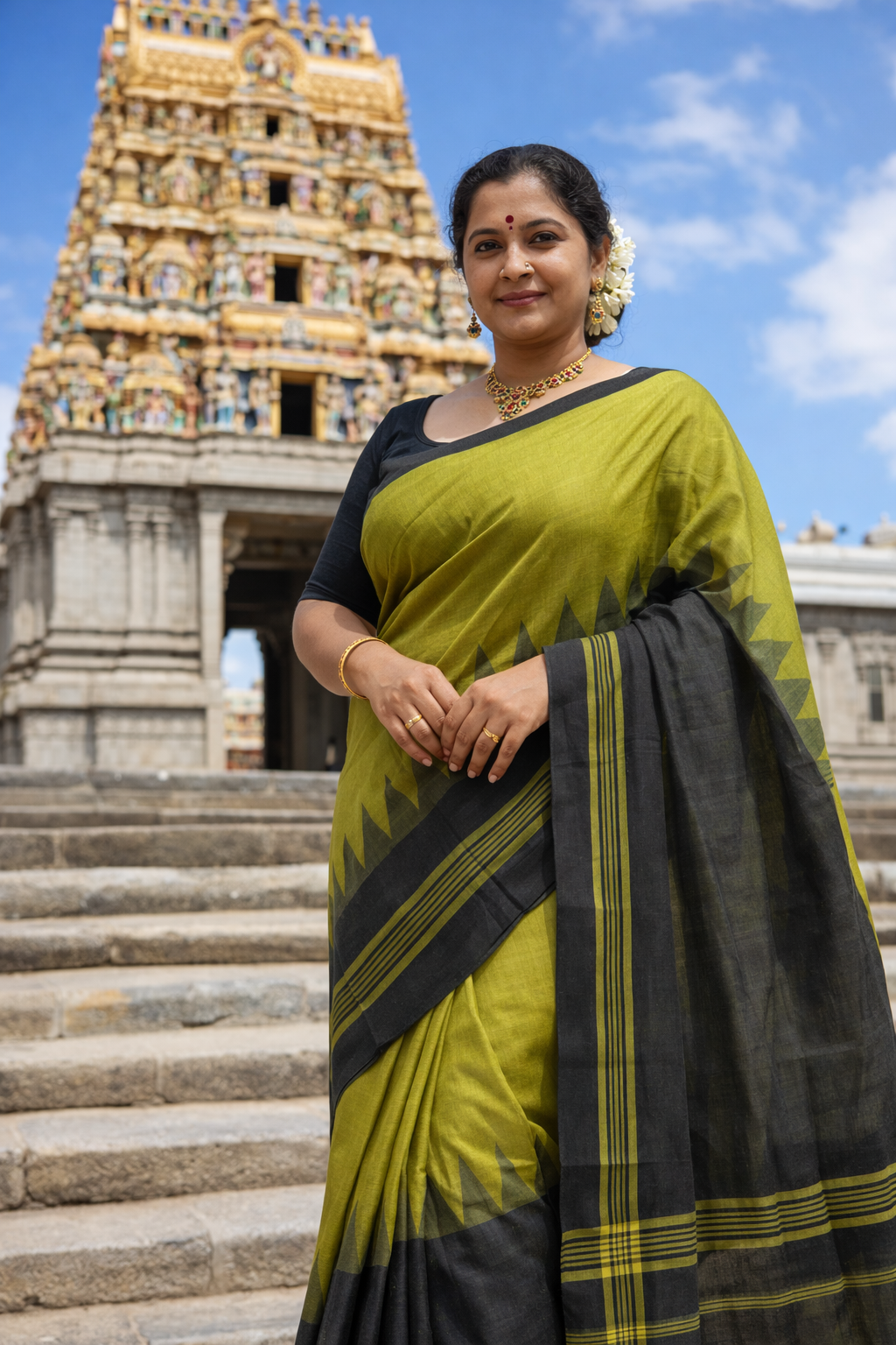 Kanaklata Olive Path Handloom Cotton Saree with Black Border & Tassels