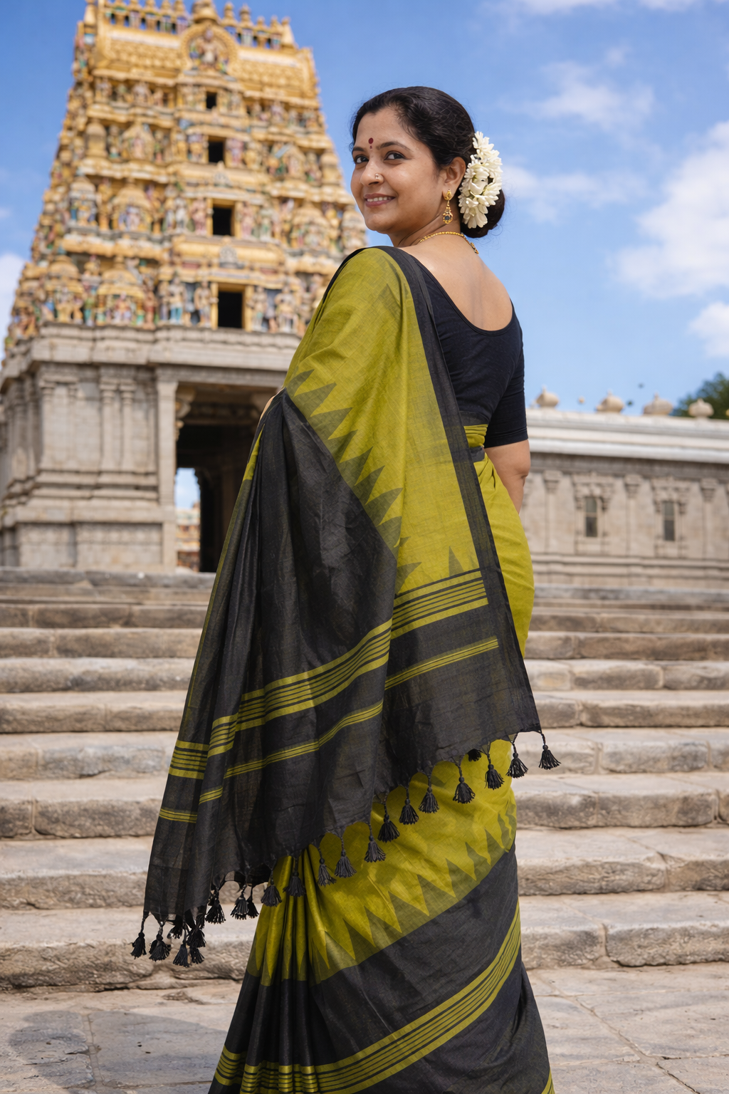 Kanaklata Olive Path Handloom Cotton Saree with Black Border & Tassels