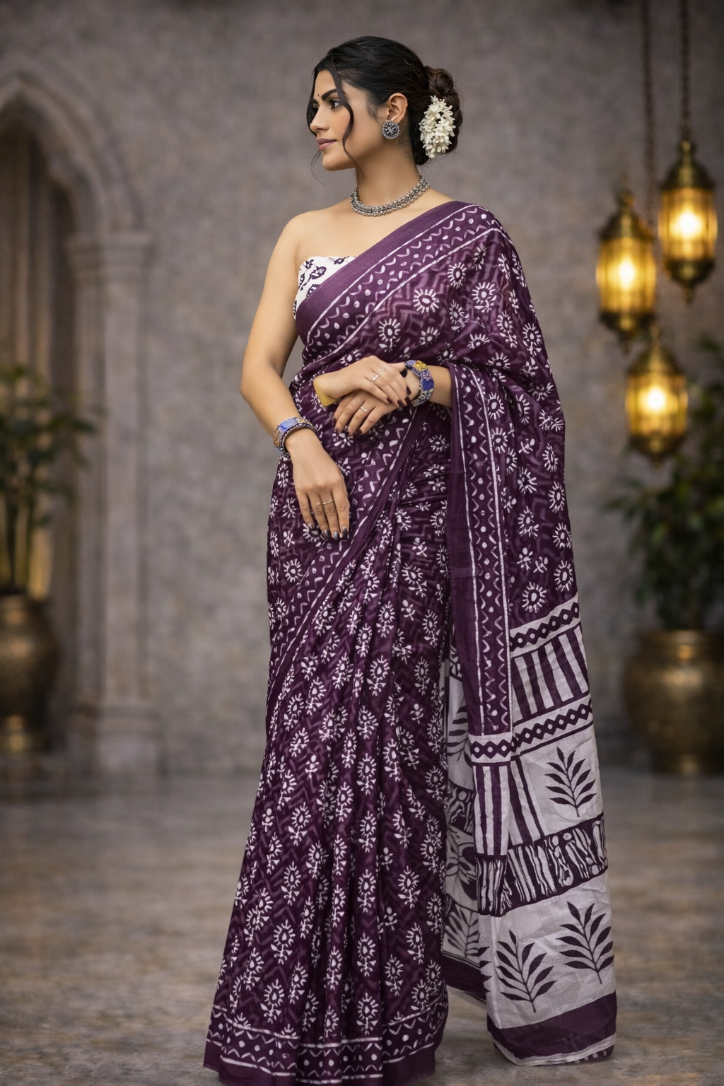 Kanaklata Jaipuri Hand Block Printed Soft Cotton Handloom Saree with Blouse Piece | Deep Wine