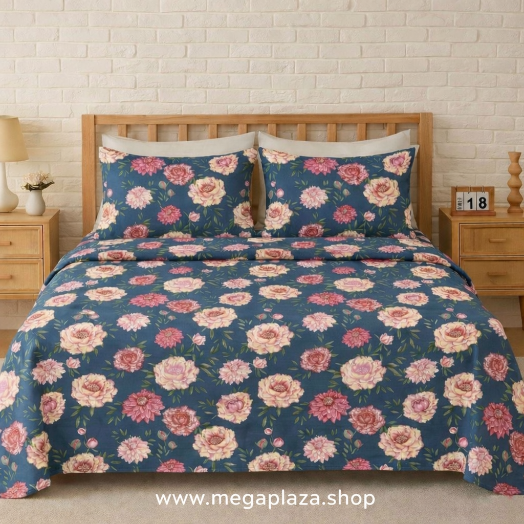 Floral Print Double Bedsheet with 2 Pillow Covers | 210 TC Cotton Blend | 90×100 Inches | Dark Teal