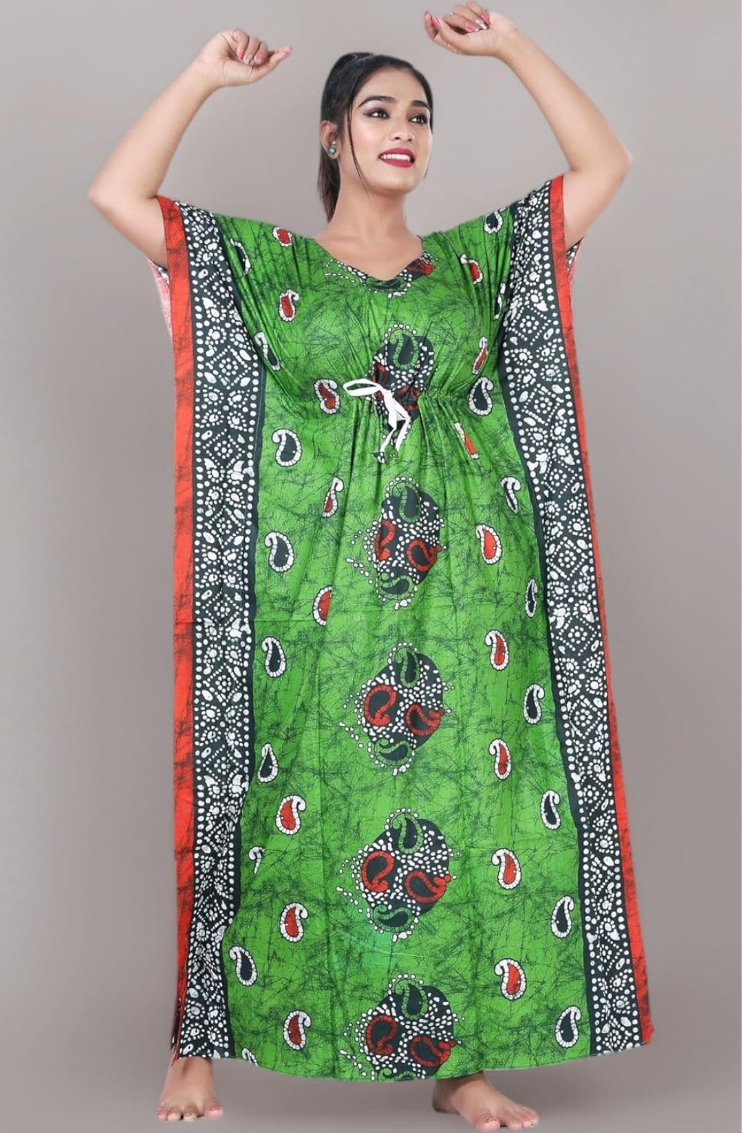 Women’s Hand Printed Batik Cotton Kaftan Nighty | Free Size Plus | Soft Comfortable Loungewear