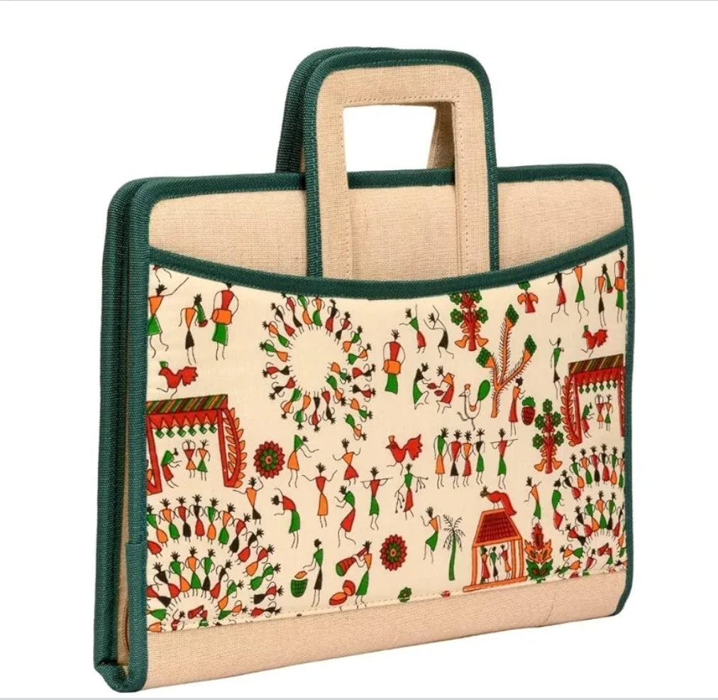 Warli Heritage Jute Laptop Bag – Handcrafted Tribal Art Sleeve
