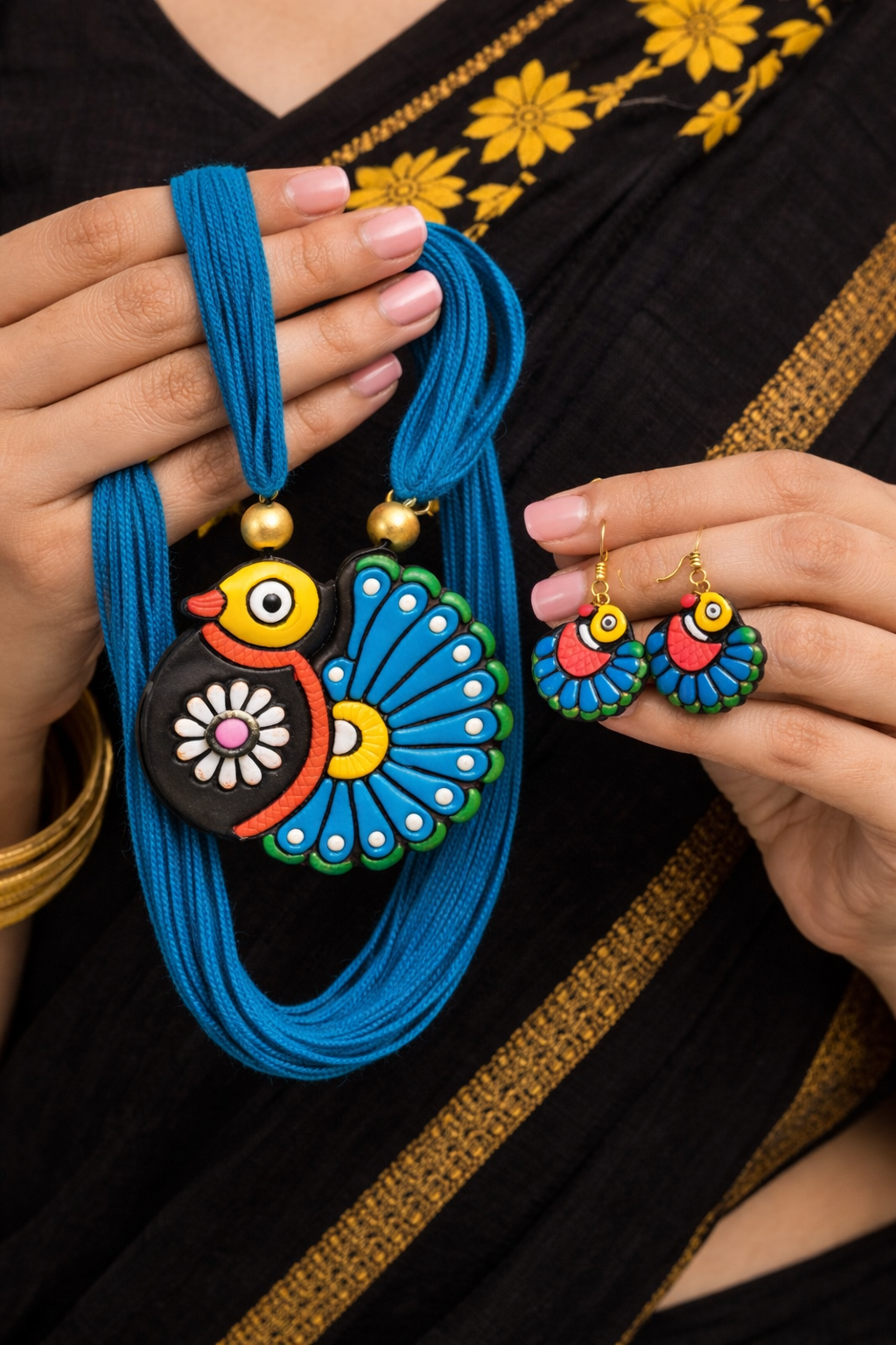 Handmade Terracotta Peacock Necklace Set – Hand Painted Ethnic Jewelry