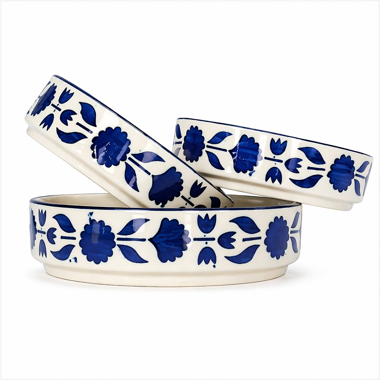 Khurja Handcrafted Blue Floral Ceramic Serving Bowl Set (Multipurpose Dining Bowls)