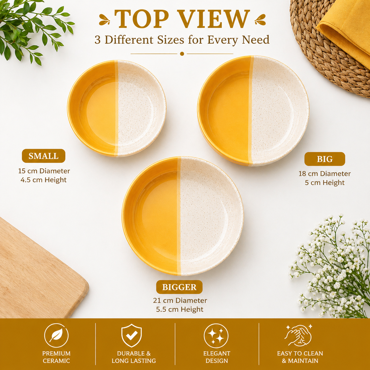 Khurja Ceramic Dual-Tone Serving Bowl Set – Handcrafted (3 pcs)