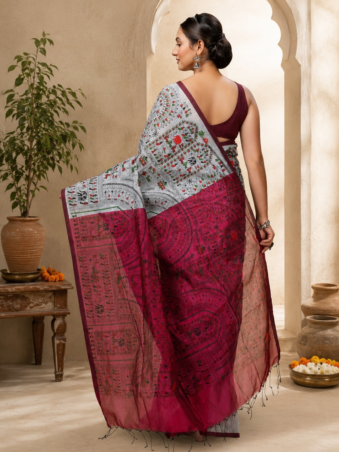 Kanaklata Premium Handloom Cotton Silk Saree in Traditional Madhubani Print (With Unstitched Blouse Piece)