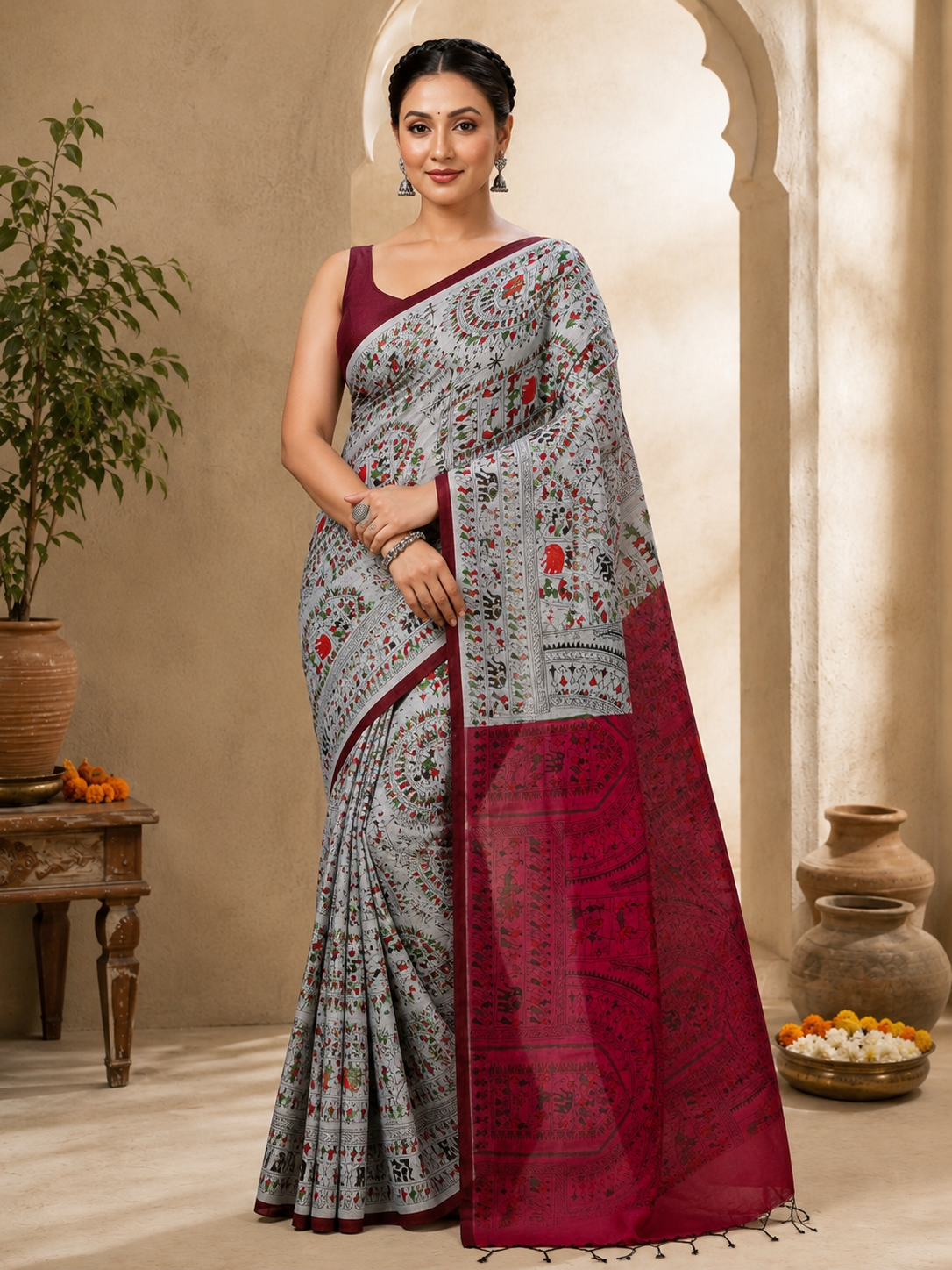 Kanaklata Premium Handloom Cotton Silk Saree in Traditional Madhubani Print (With Unstitched Blouse Piece)