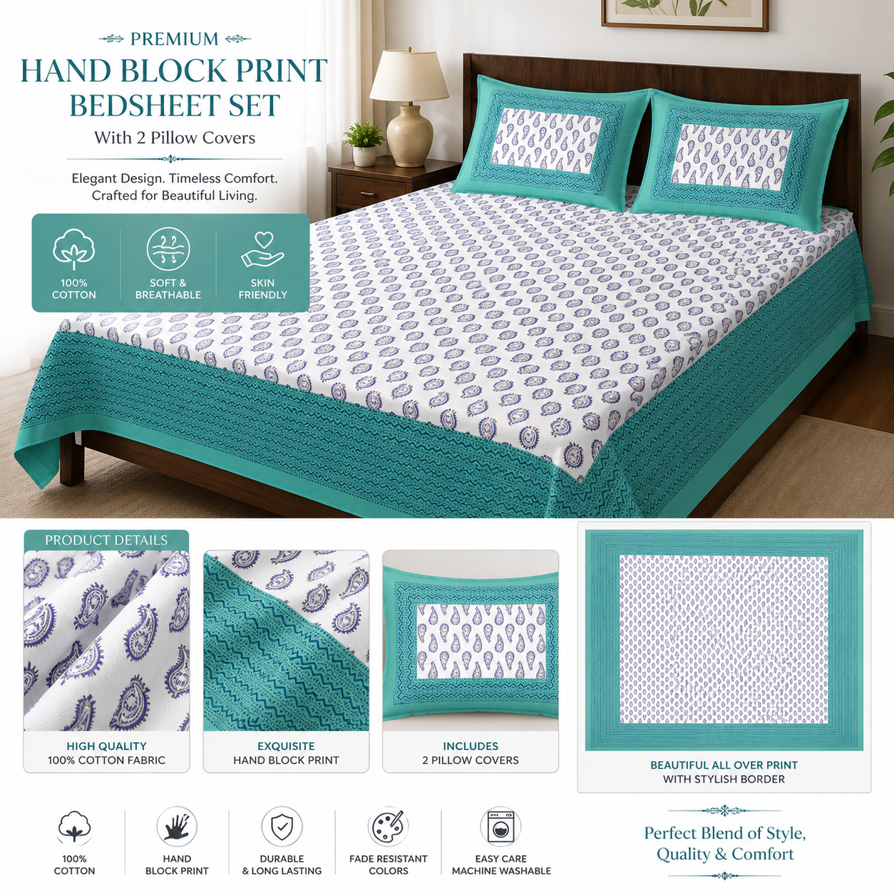 Kanaklata Pure Cotton Hand Block Print 220TC Double Bedsheet with 2 Pillow Covers
