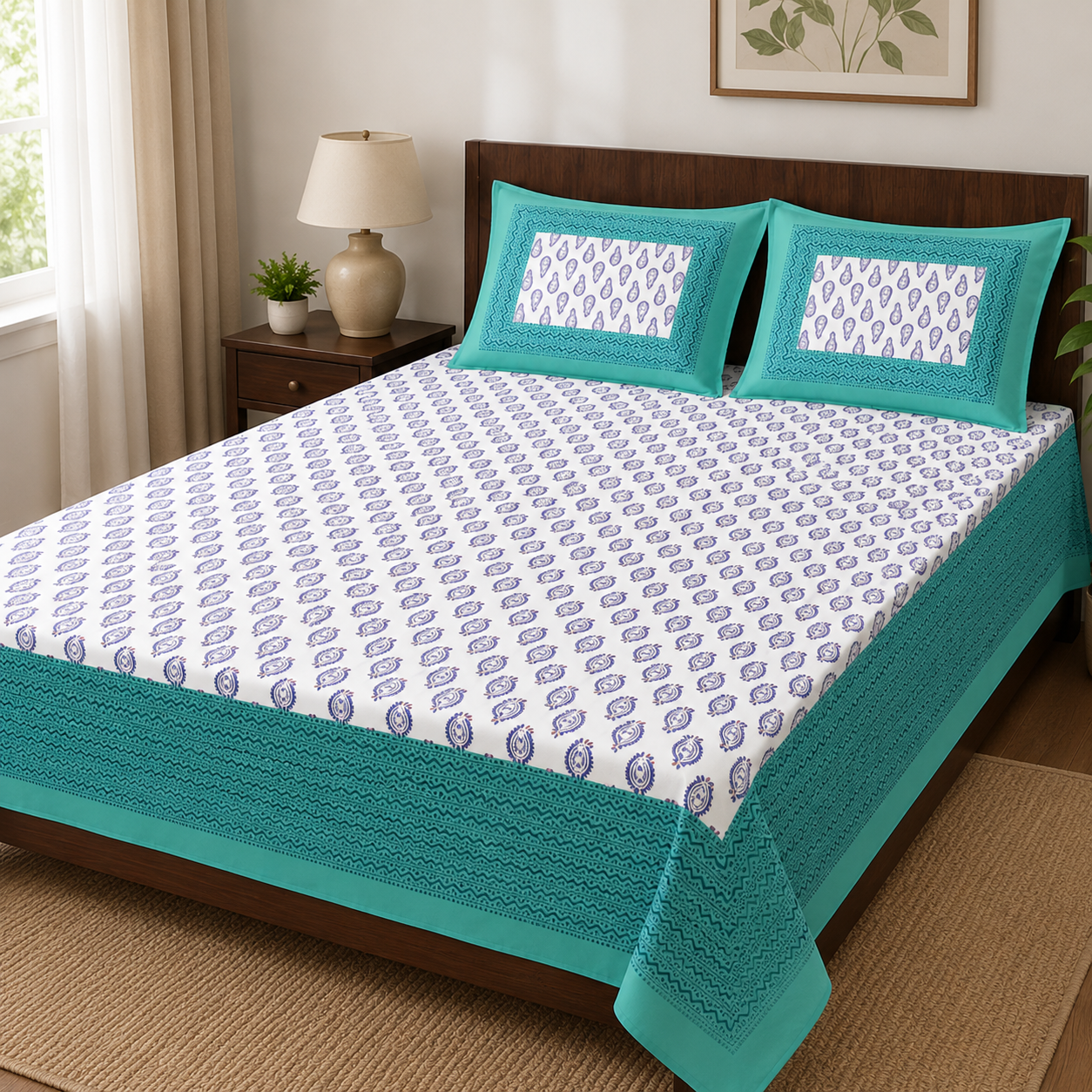 Kanaklata Pure Cotton Hand Block Print 220TC Double Bedsheet with 2 Pillow Covers