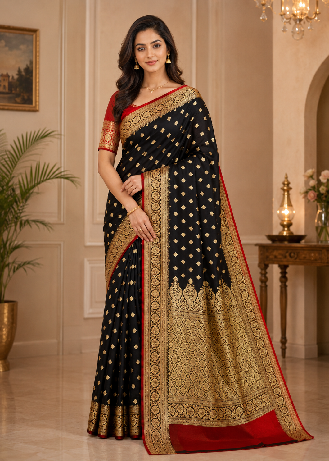 Premium Banarasi Semi Silk Saree for Women with Rich Zari Work | Traditional Party Wear Wedding Saree | Black & Red