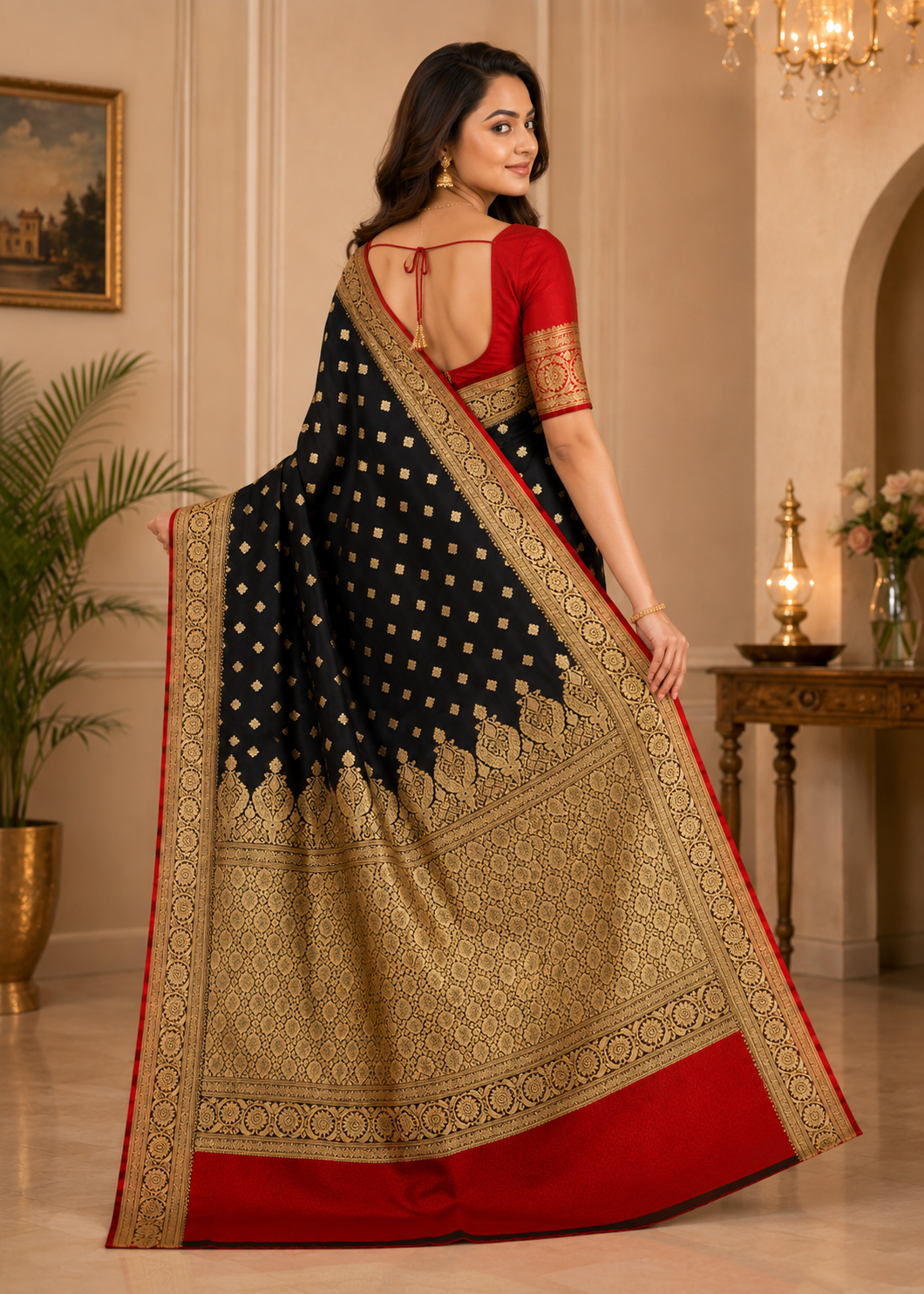 Premium Banarasi Semi Silk Saree for Women with Rich Zari Work | Traditional Party Wear Wedding Saree | Black & Red