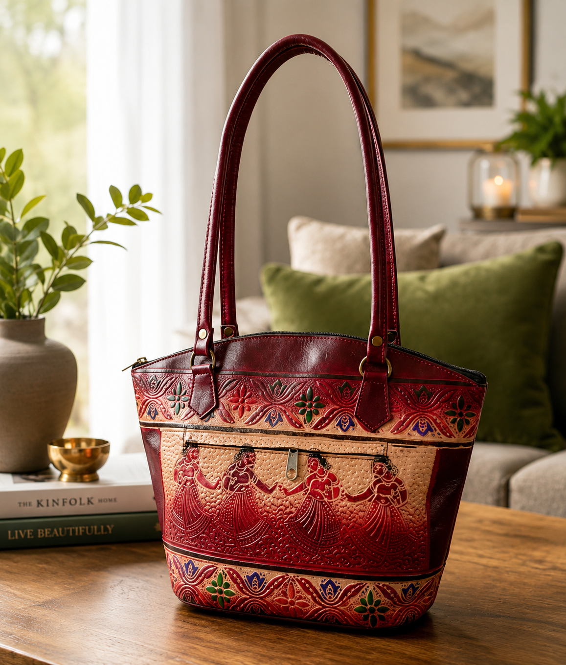 Shantiniketan Genuine Leather Handcrafted Tote Bag for Women | Handmade Artistic Leather Handbag | Office, College & Travel Shoulder Bag