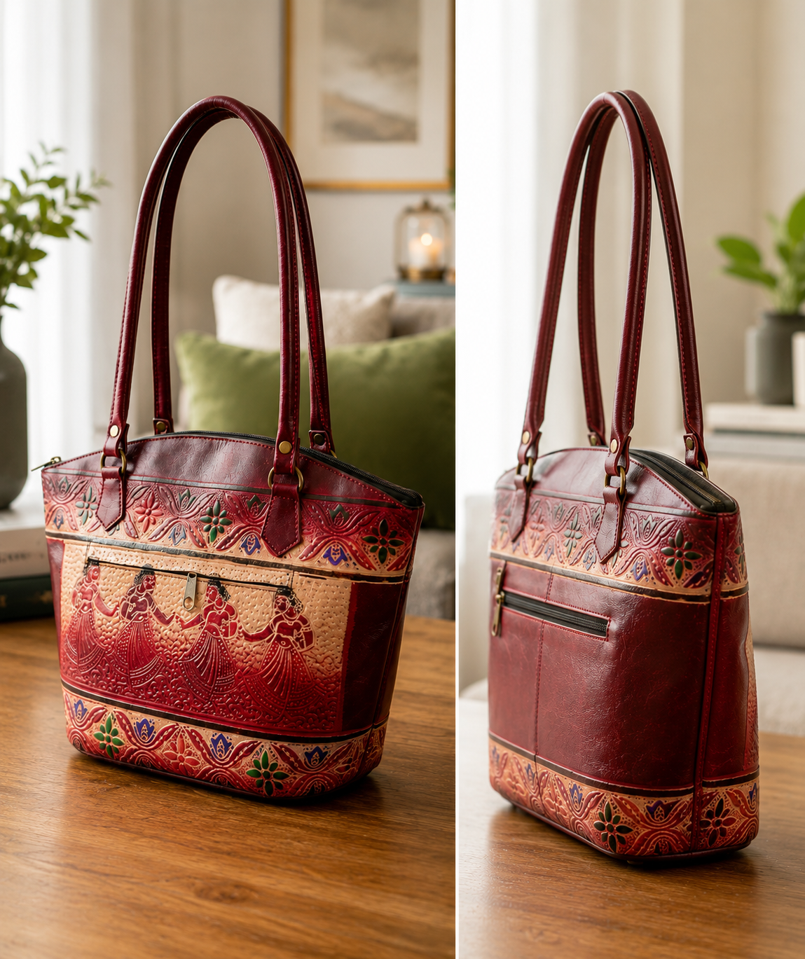 Shantiniketan Genuine Leather Handcrafted Tote Bag for Women | Handmade Artistic Leather Handbag | Office, College & Travel Shoulder Bag