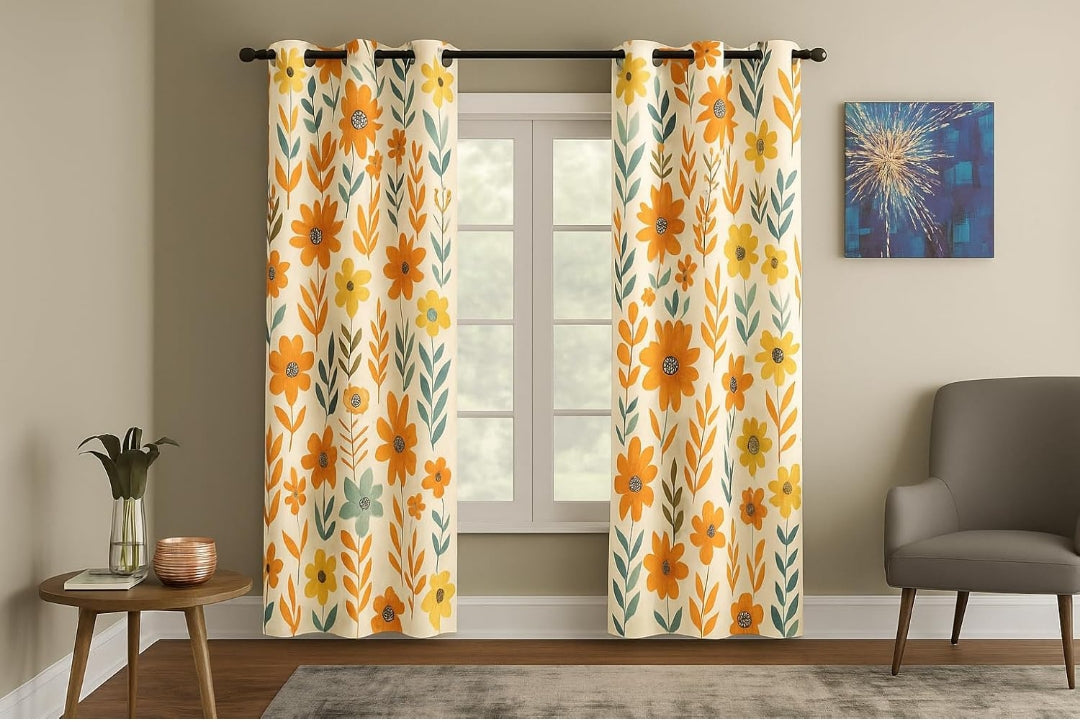 Premium Cotton Window Curtain Set of 2 Panels | Room Darkening Eyelet Curtains for Living Room, Bedroom & Home Decor | 121 x 152 cm (4ft x 5ft) - Floral
