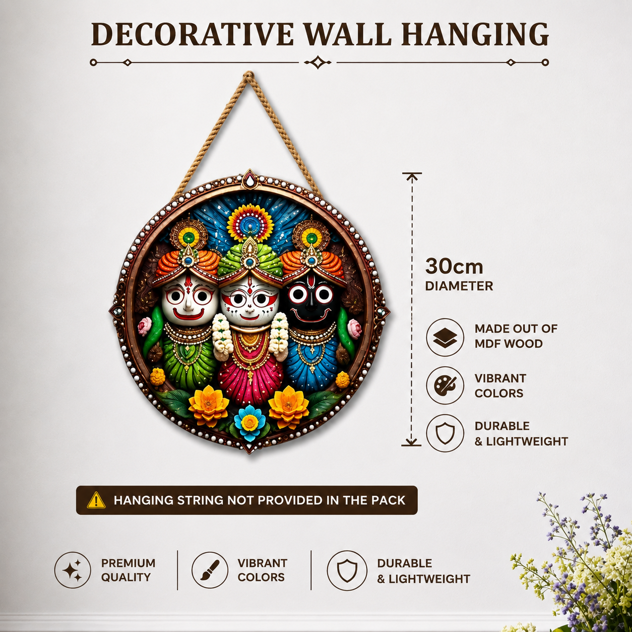 30cm Hand Painted Jagannath Balabhadra Subhadra MDF Wall Hanging | Round Wooden Puri Jagannath Wall Decor | Home Temple, Living Room & Office Decor