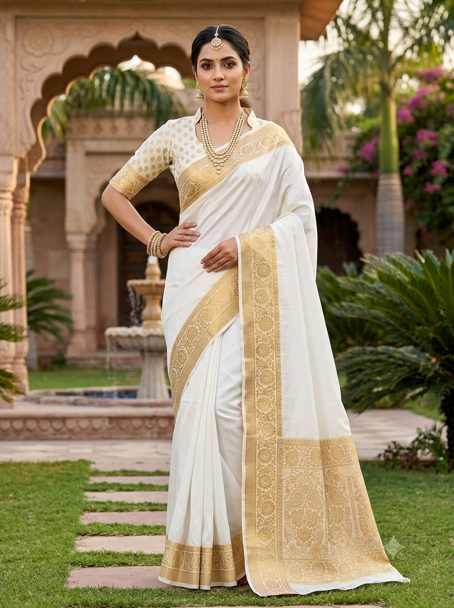 Off-White Banarasi Silk Saree with Intricate Golden Zari Border & Rich Pallu