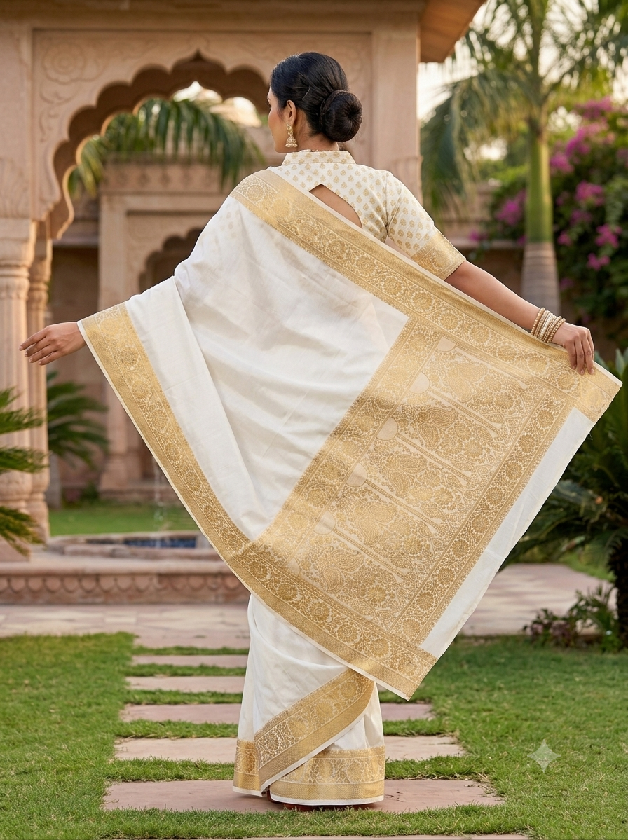 Off-White Banarasi Silk Saree with Intricate Golden Zari Border & Rich Pallu