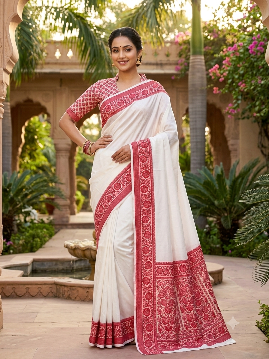 White & Red Banarasi Soft Silk Saree with Intricate Hand Embroidered Floral Border