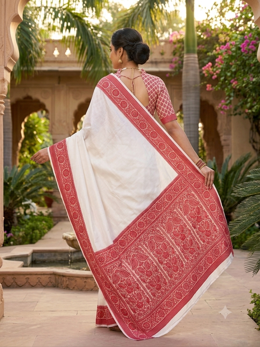 White & Red Banarasi Soft Silk Saree with Intricate Hand Embroidered Floral Border