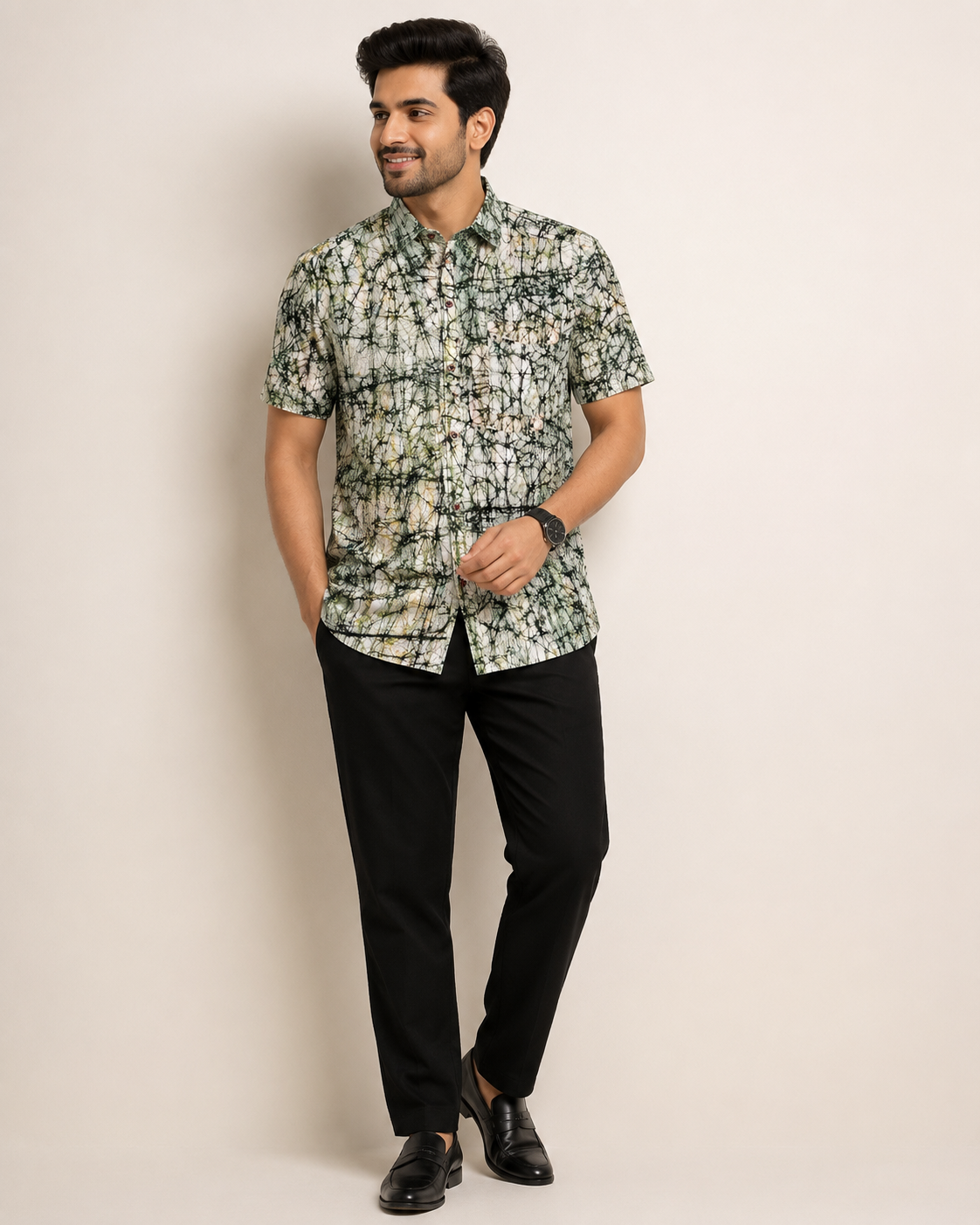Men's Pure Cotton Hand Batik Printed Half Sleeve Shirt | Regular Fit Casual Shirt | Artisan Crafted from Shantiniketan