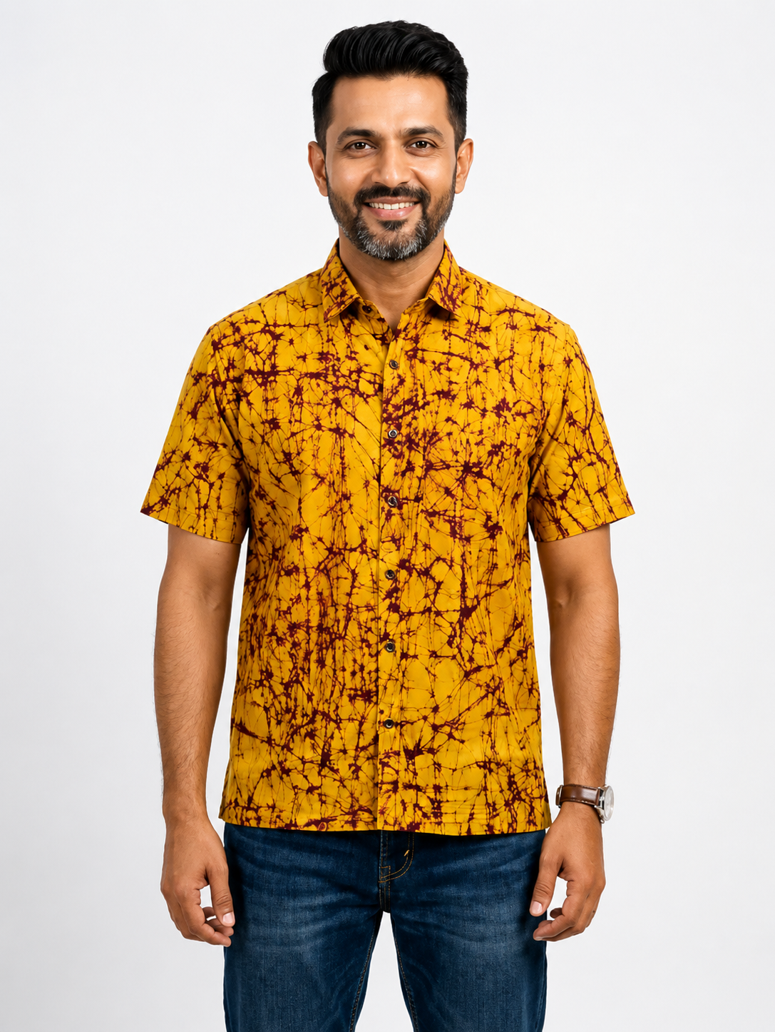 Men's Pure Cotton Hand Batik Printed Half Sleeve Shirt | Regular Fit Casual Shirt | Artisan Crafted from Shantiniketan