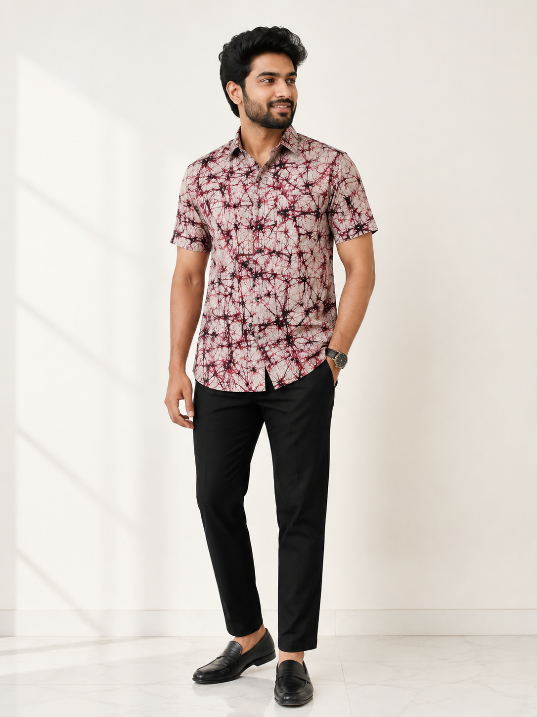 Men's Pure Cotton Hand Batik Printed Half Sleeve Shirt | Regular Fit Casual Shirt | Artisan Crafted from Shantiniketan