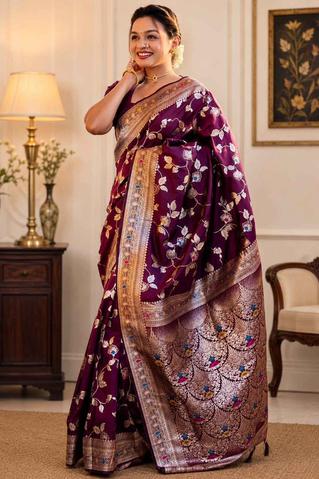 KANAKLATA Premium Litchi Silk Saree for Women | Zari Woven & Minakari Work Banarasi Style Saree | Traditional Party Wear with Matching Blouse Piece