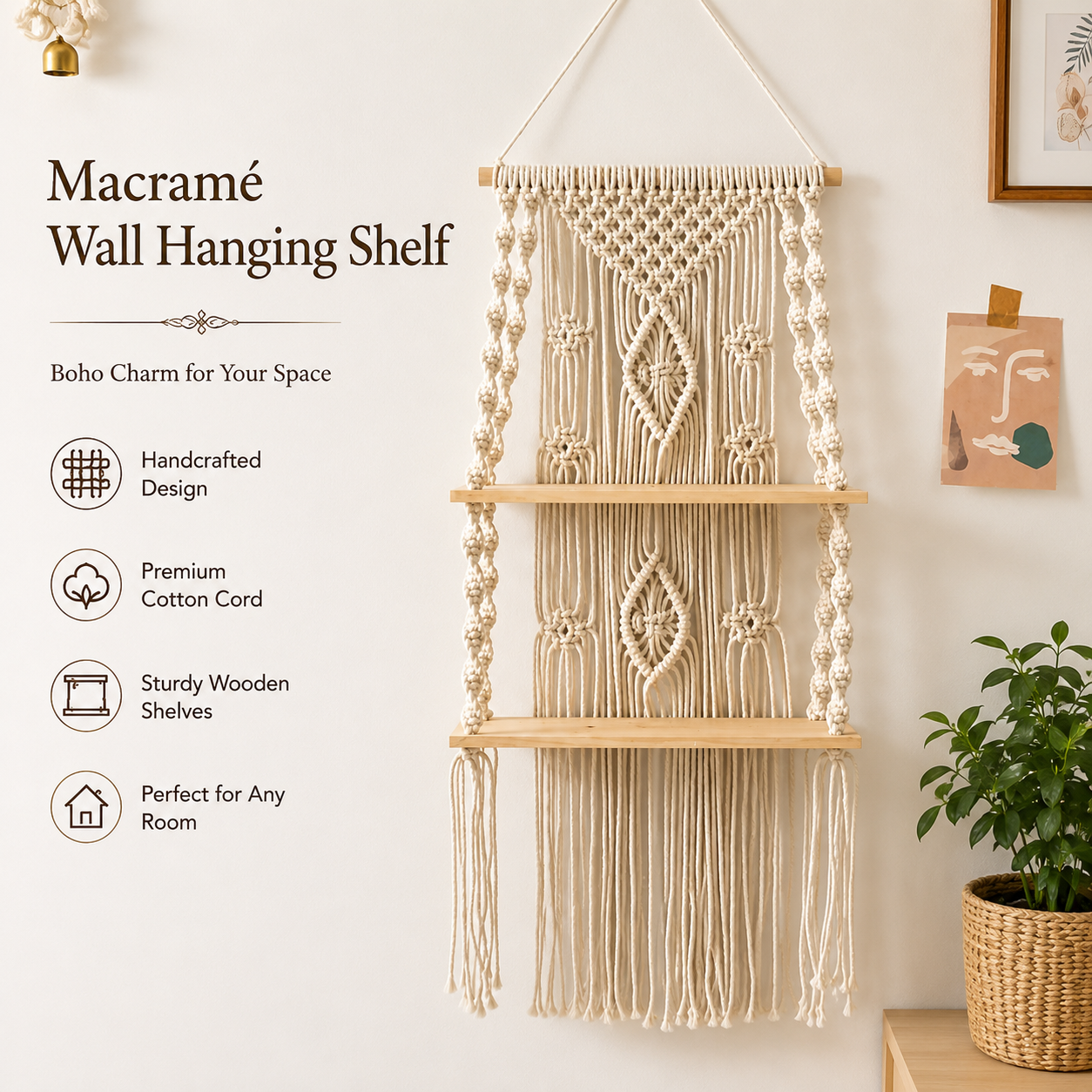 Handmade Macramé Wall Hanging Shelf | 2-Tier Cotton Rope Wooden Wall Shelf | Boho Wall Décor for Living Room, Bedroom, Entryway & Office | Natural Beige