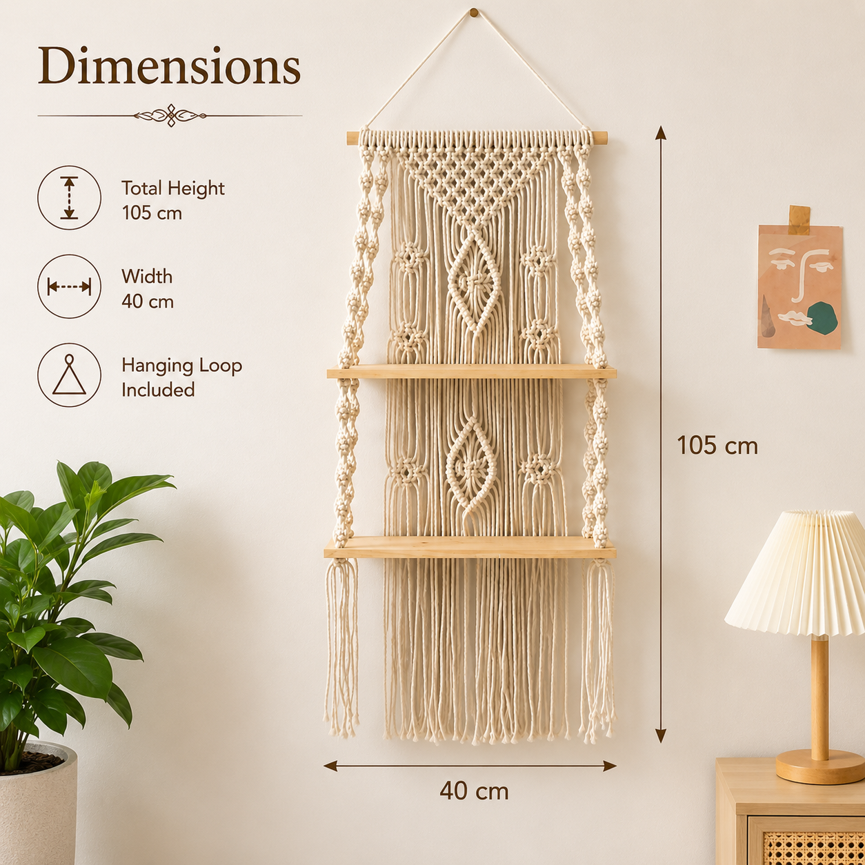 Handmade Macramé Wall Hanging Shelf | 2-Tier Cotton Rope Wooden Wall Shelf | Boho Wall Décor for Living Room, Bedroom, Entryway & Office | Natural Beige