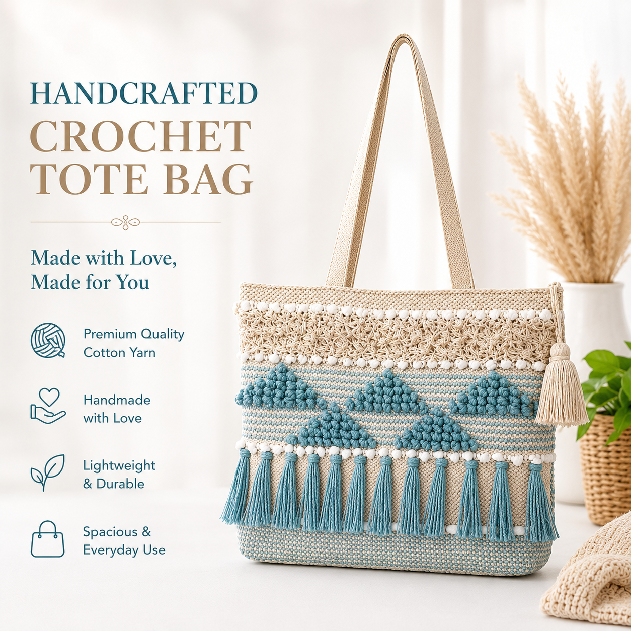 Handcrafted Crochet Tote Bag for Women | Cotton Handmade Shoulder Bag | Boho Beige & Blue Tassel Tote | 14 x 12 x 4 Inch | Reusable Everyday Shopping & Travel Bag