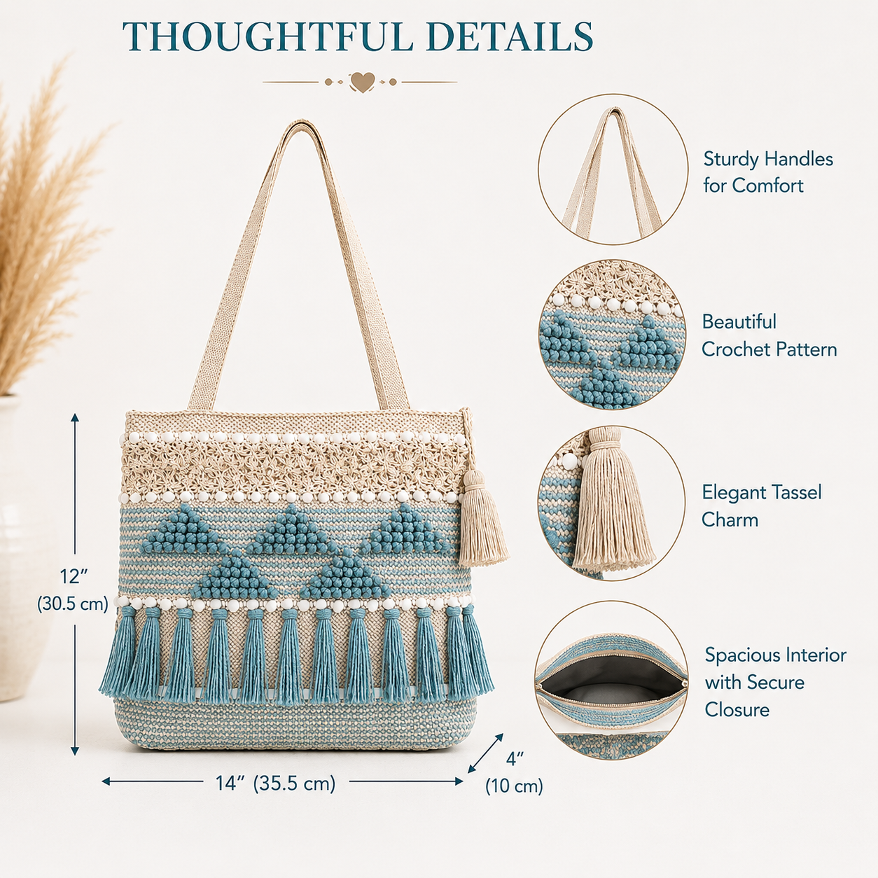 Handcrafted Crochet Tote Bag for Women | Cotton Handmade Shoulder Bag | Boho Beige & Blue Tassel Tote | 14 x 12 x 4 Inch | Reusable Everyday Shopping & Travel Bag