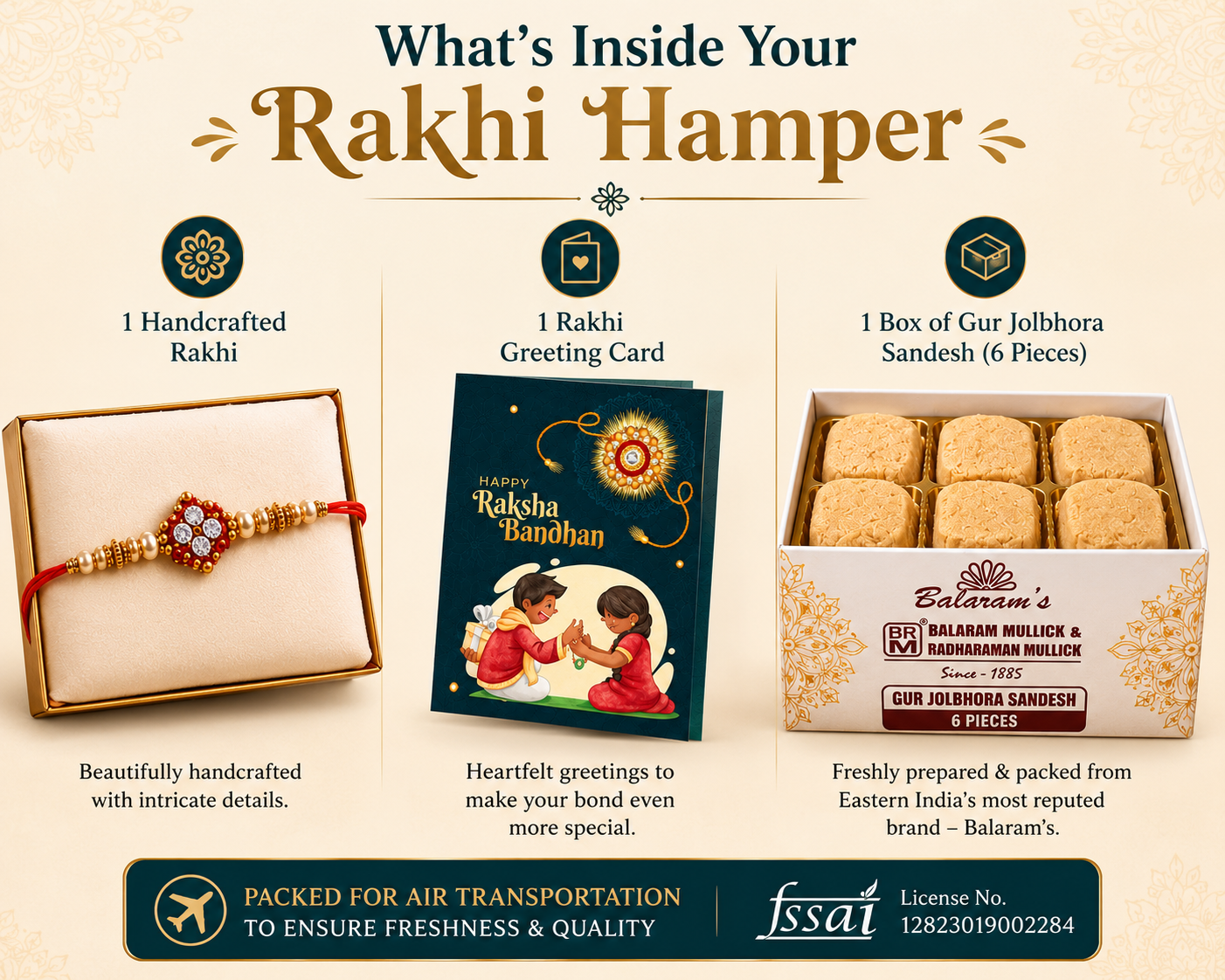 Premium Rakhi Hamper | Handcrafted Rakhi, Raksha Bandhan Greeting Card & Balaram's Fresh Gur Jolbhora Sandesh (6 Pieces) | Air Shipped Across India
