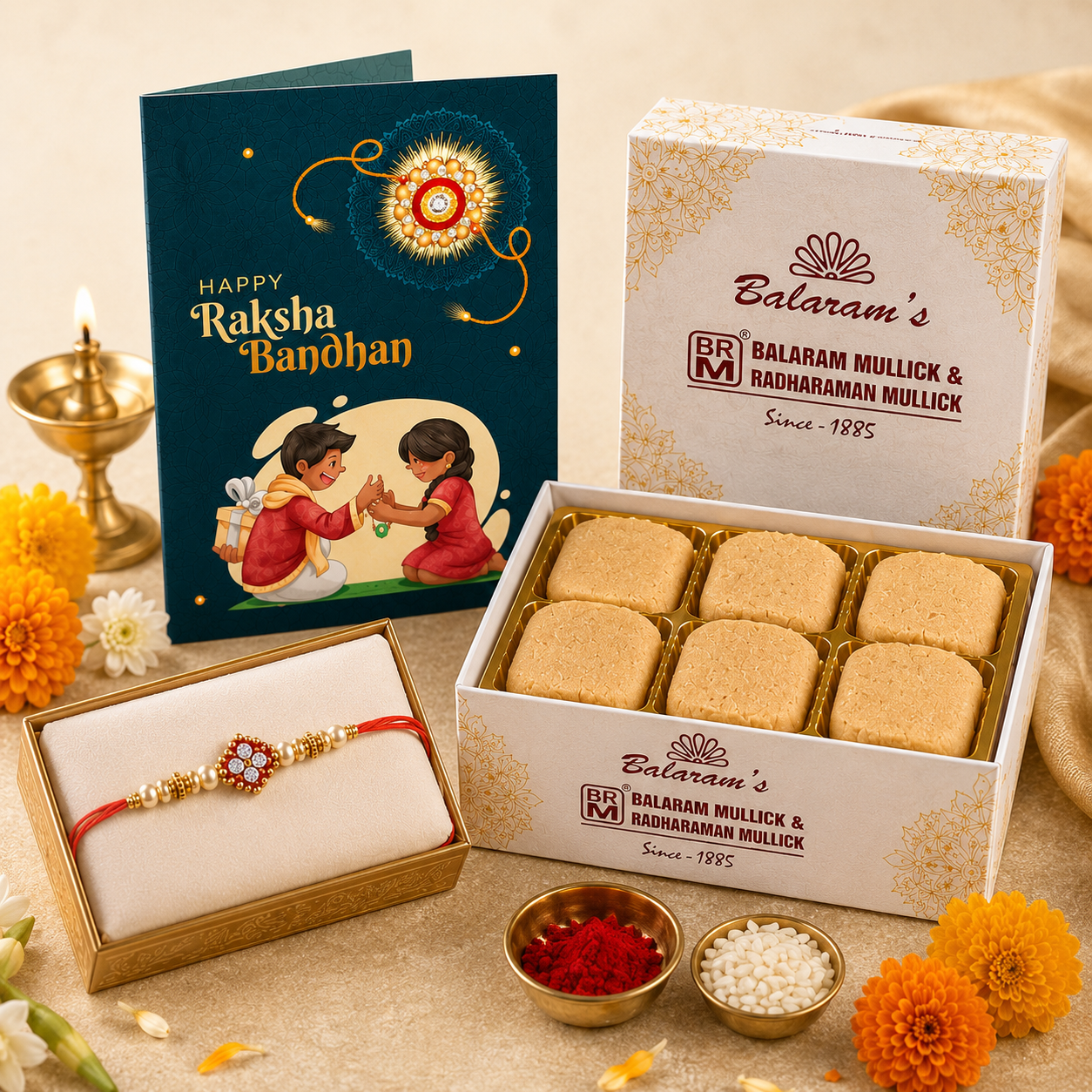 Premium Rakhi Hamper | Handcrafted Rakhi, Raksha Bandhan Greeting Card & Balaram's Fresh Gur Jolbhora Sandesh (6 Pieces) | Air Shipped Across India