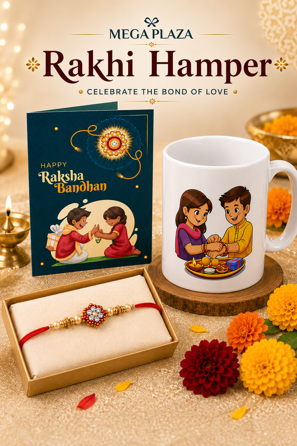 Premium Rakhi Gift Hamper | Handcrafted Rakhi, Raksha Bandhan Greeting Card & Hand-Painted Ceramic Mug (325ml) | Thoughtful Gift for Brother