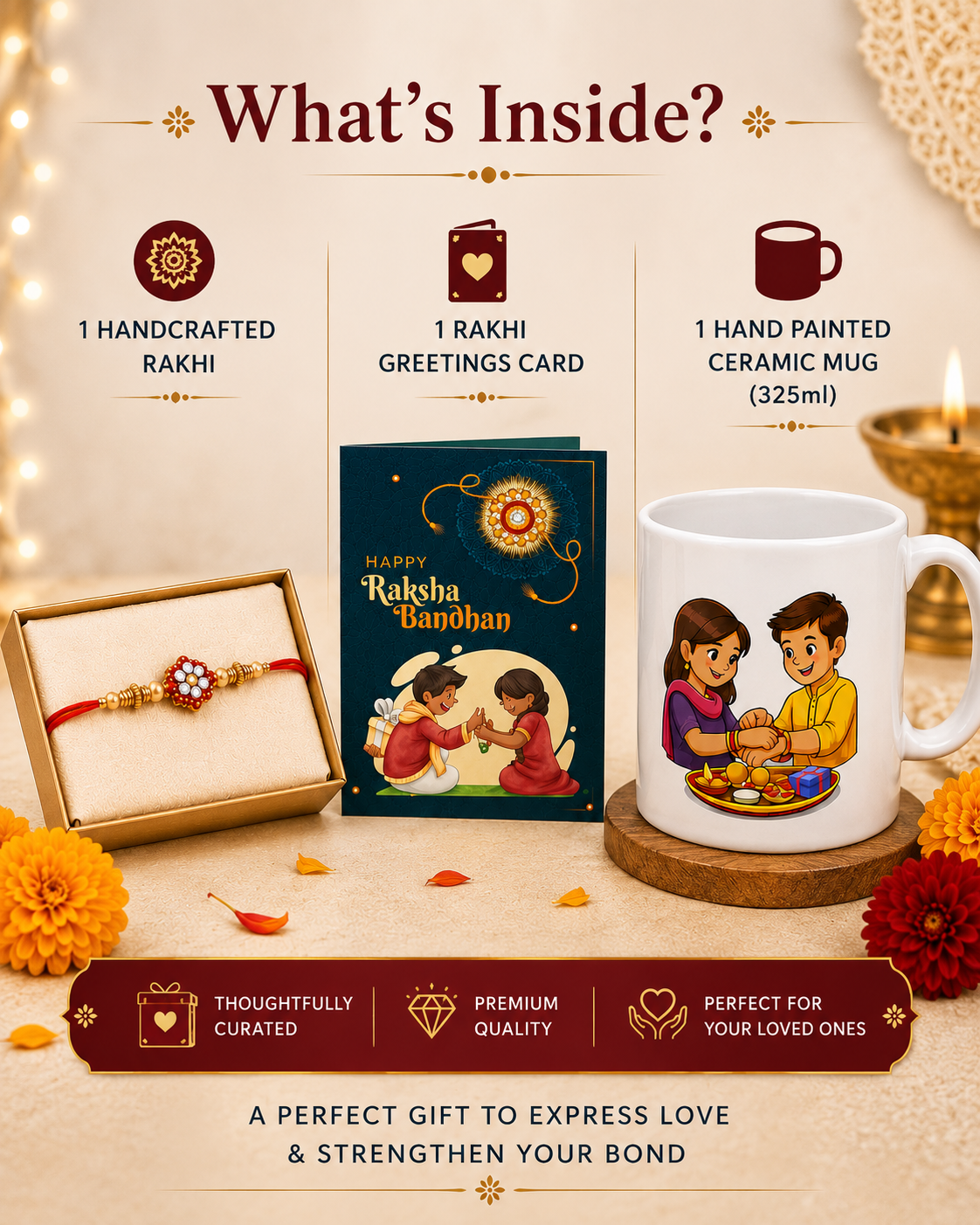 Premium Rakhi Gift Hamper | Handcrafted Rakhi, Raksha Bandhan Greeting Card & Hand-Painted Ceramic Mug (325ml) | Thoughtful Gift for Brother