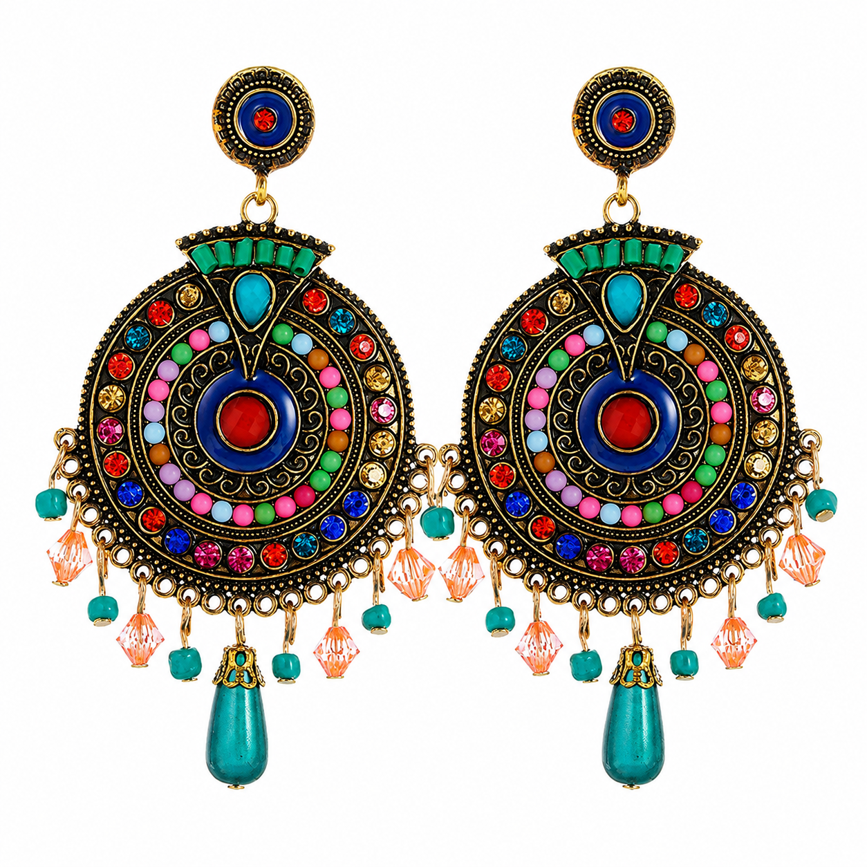 Bohemian Vintage Statement Chandbali Earrings for Women | Multicolor Stone Alloy Drop Dangle Earrings | Lightweight Ethnic Party, Festive & Wedding Jewelry | 30 g