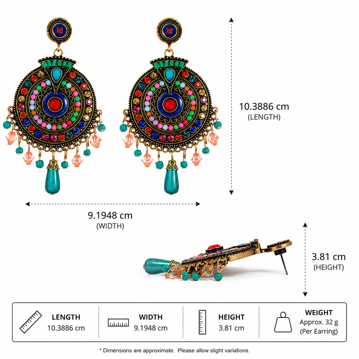 Bohemian Vintage Statement Chandbali Earrings for Women | Multicolor Stone Alloy Drop Dangle Earrings | Lightweight Ethnic Party, Festive & Wedding Jewelry | 30 g