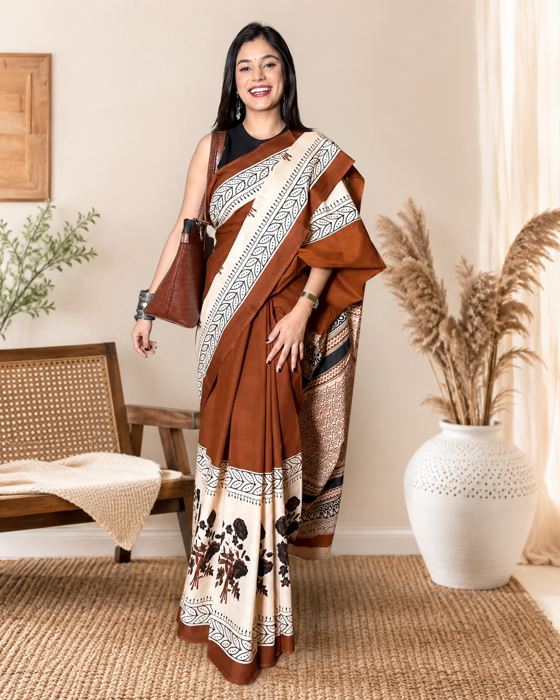 Kanaklata Women's Pure Cotton Hand Block Print Saree | Soft Breathable Cotton Saree with Traditional Floral & Ethnic Print | Lightweight Casual, Office & Festive Wear