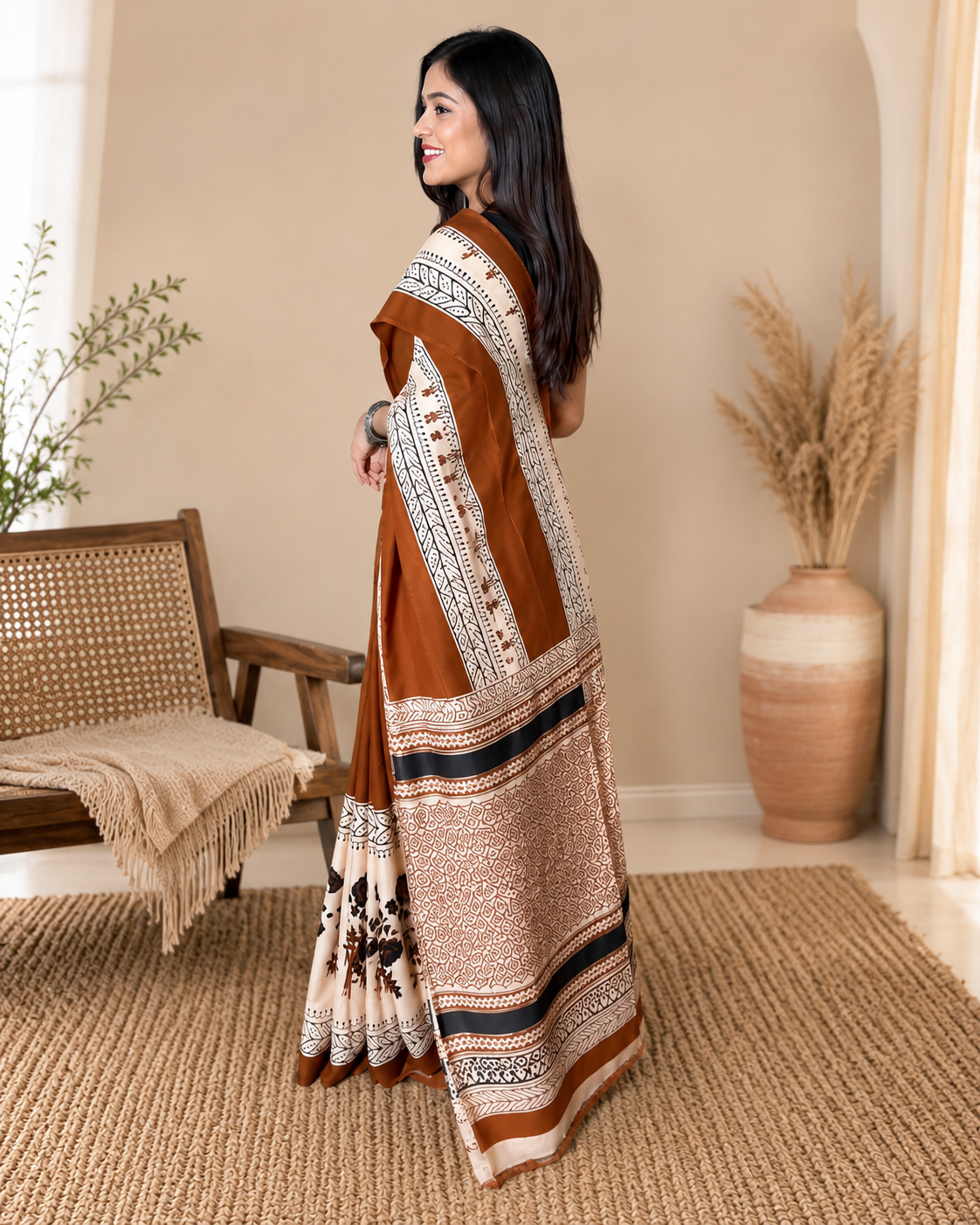 Kanaklata Women's Pure Cotton Hand Block Print Saree | Soft Breathable Cotton Saree with Traditional Floral & Ethnic Print | Lightweight Casual, Office & Festive Wear