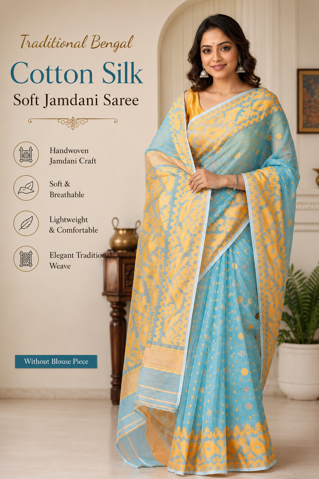 Kanaklata Traditional Bengal Cotton Silk Soft Jamdani Saree for Women | Lightweight 340g Handwoven Ethnic Saree | Soft & Breathable | Festive, Wedding & Puja Wear | Without Blouse Piece