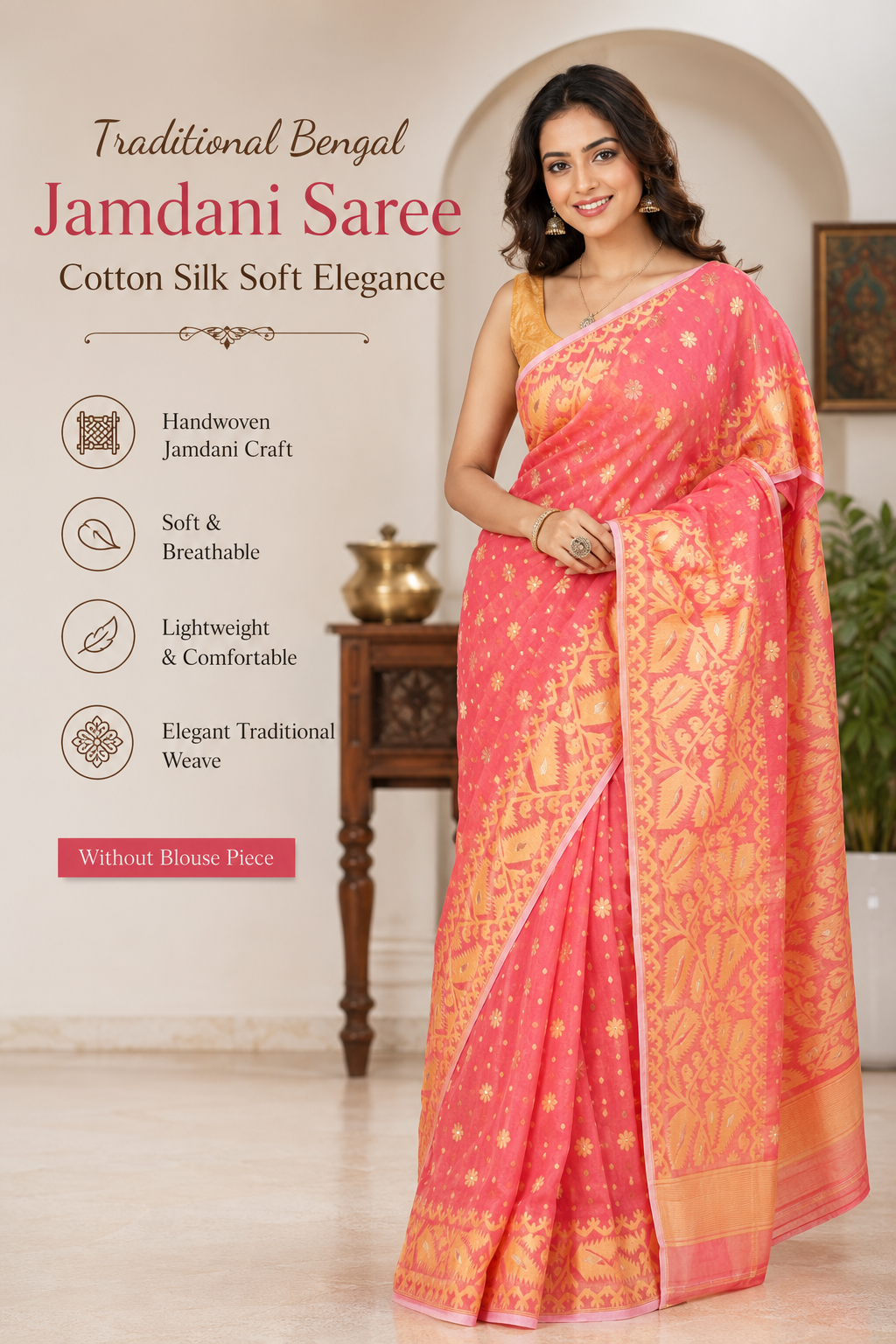 Traditional Bengal Cotton Silk Soft Jamdani Saree for Women | Lightweight 340g Handwoven Ethnic Saree | Soft & Breathable | Festive, Wedding & Puja Wear | Without Blouse Piece