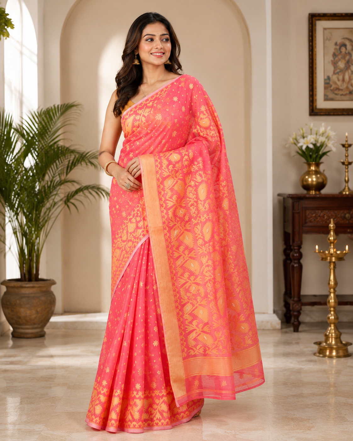 Traditional Bengal Cotton Silk Soft Jamdani Saree for Women | Lightweight 340g Handwoven Ethnic Saree | Soft & Breathable | Festive, Wedding & Puja Wear | Without Blouse Piece