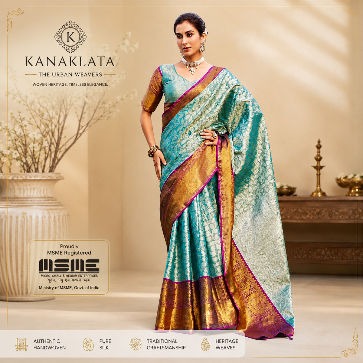 Kanaklata Handwoven Kanjivaram Silk Saree for Women | Aqua Blue with Silver Zari Floral Jaal & Antique Gold Border | Wedding, Festive & Bridal Wear