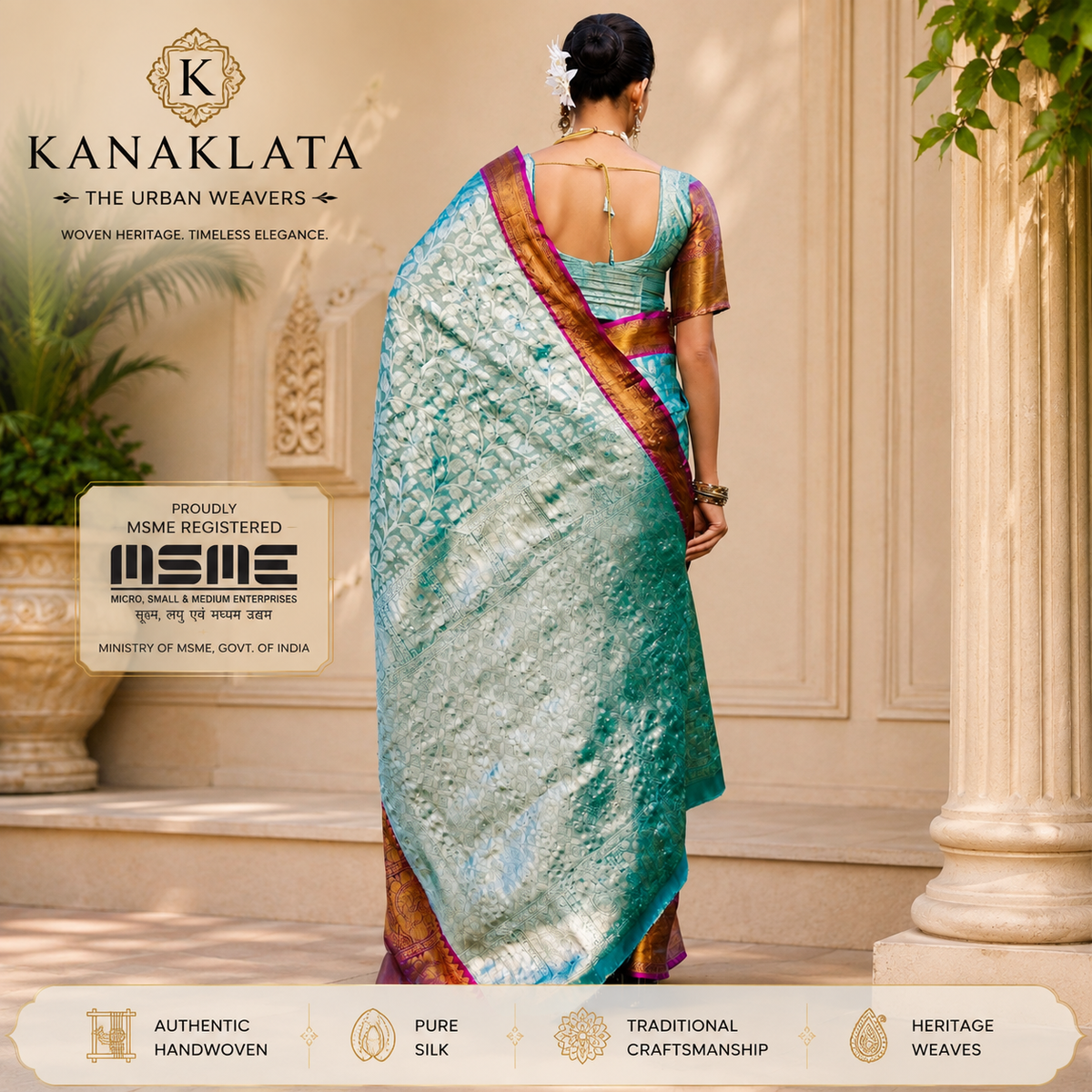 Kanaklata Handwoven Kanjivaram Silk Saree for Women | Aqua Blue with Silver Zari Floral Jaal & Antique Gold Border | Wedding, Festive & Bridal Wear
