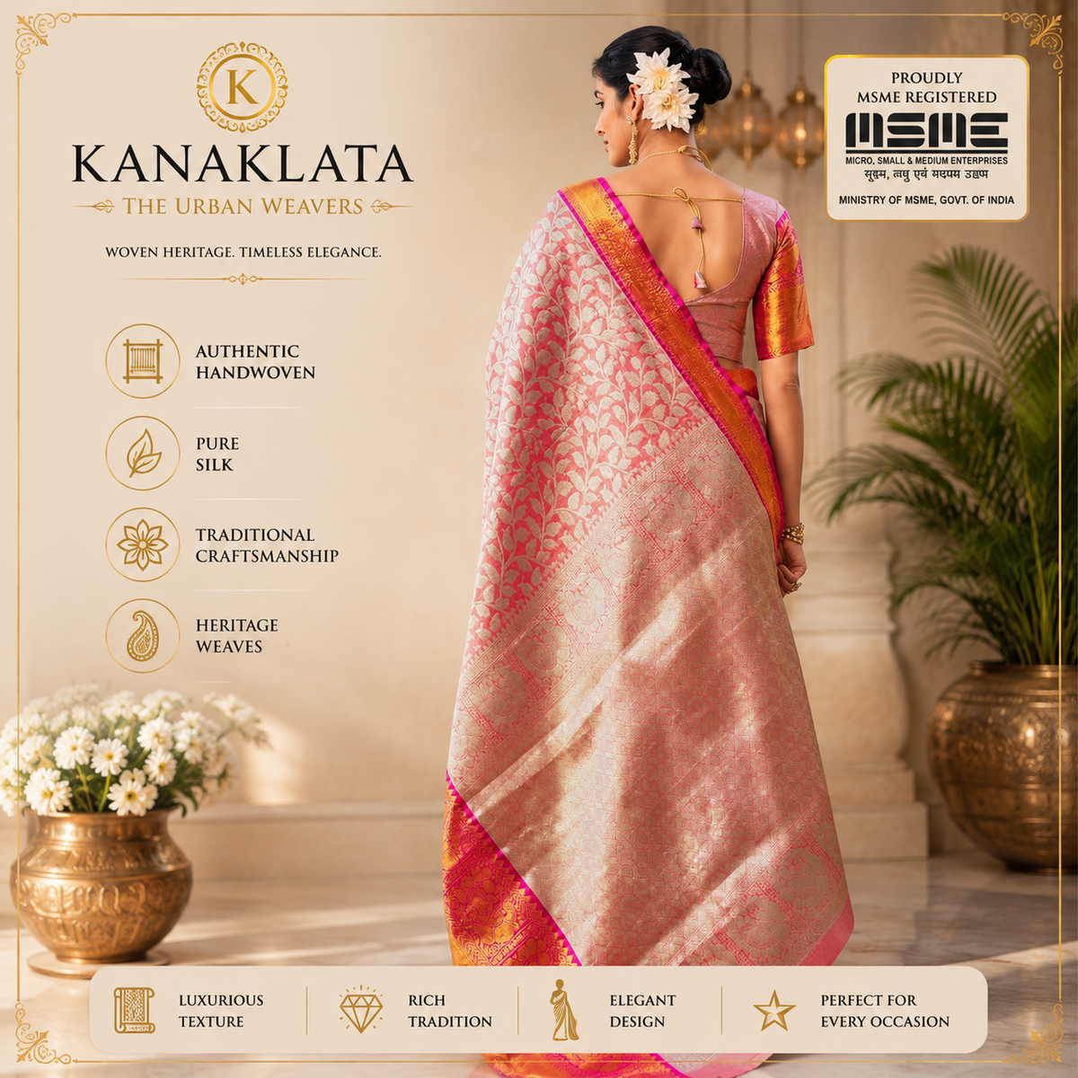 Kanaklata Handwoven Kanjivaram Silk Saree for Women | Blush Pink with Silver Zari Floral Jaal & Antique Gold Border | Bridal, Wedding & Festive Wear