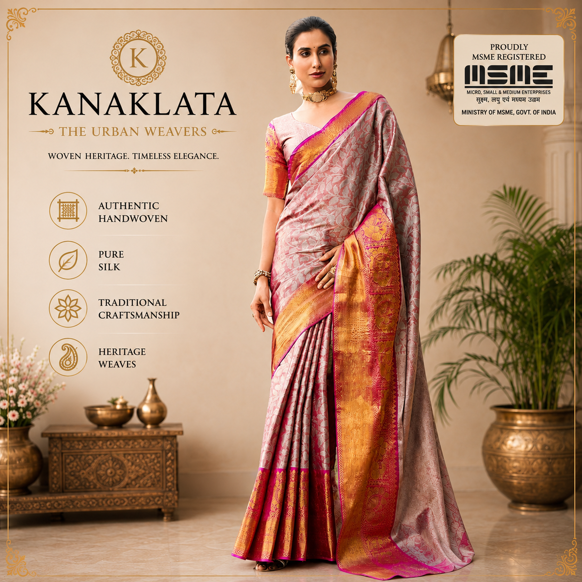 Kanaklata Handwoven Kanjivaram Silk Saree for Women | Blush Pink with Silver Zari Floral Jaal & Antique Gold Border | Bridal, Wedding & Festive Wear