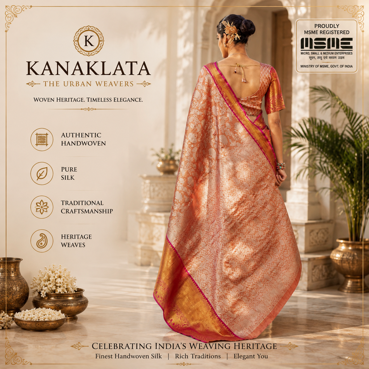 Kanaklata Handwoven Kanjivaram Silk Saree for Women | Peach Gold with Silver Zari Floral Jaal & Antique Gold Border | Bridal, Wedding, Onam & Festive Wear