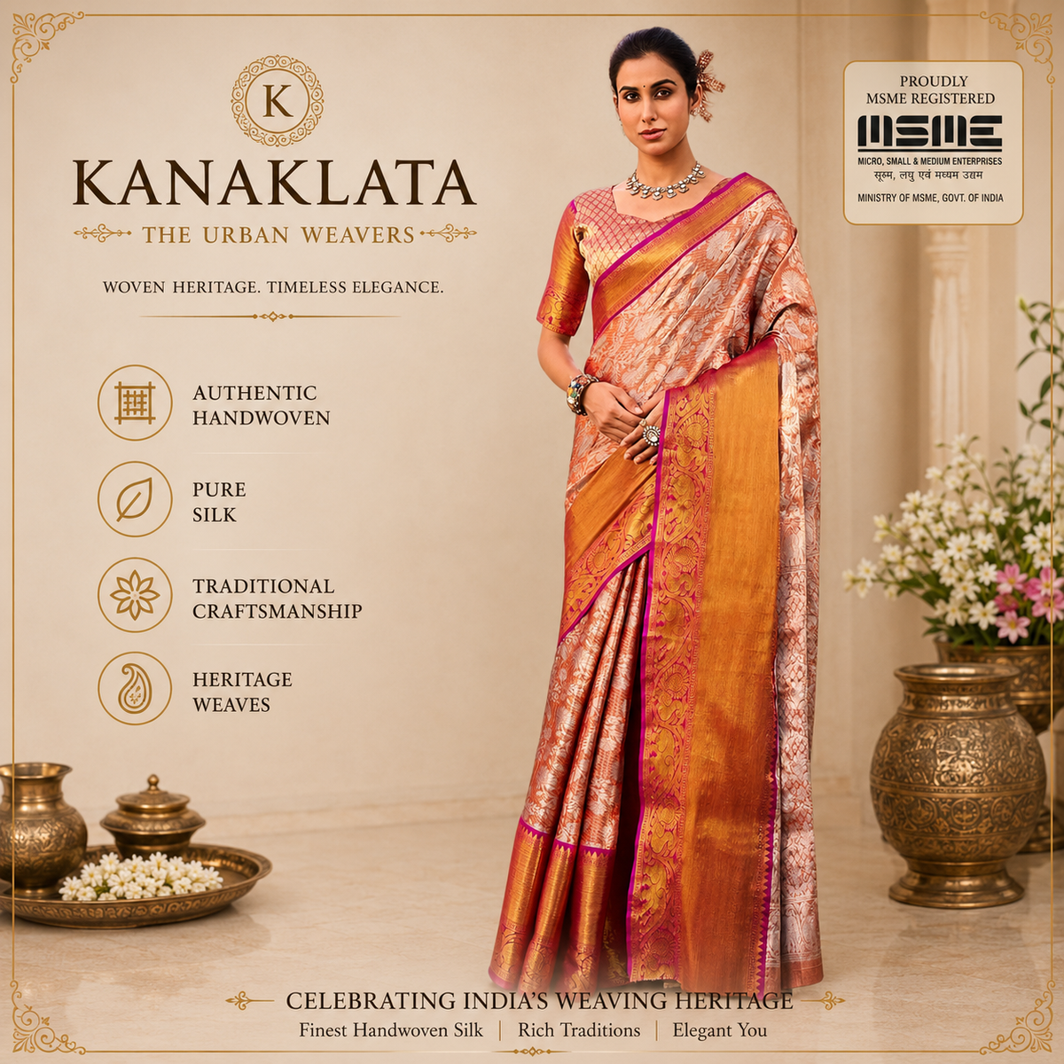 Kanaklata Handwoven Kanjivaram Silk Saree for Women | Peach Gold with Silver Zari Floral Jaal & Antique Gold Border | Bridal, Wedding, Onam & Festive Wear