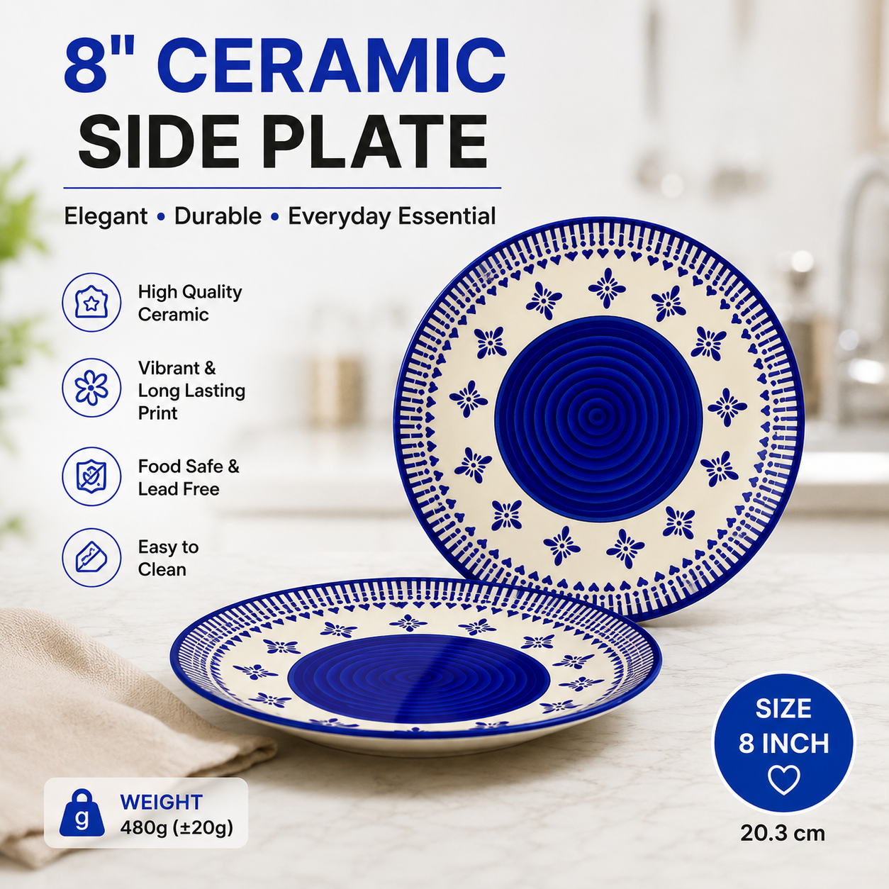 8 Inch Ceramic Side Plate | Hand-Painted Khurja Pottery | Blue Floral Design