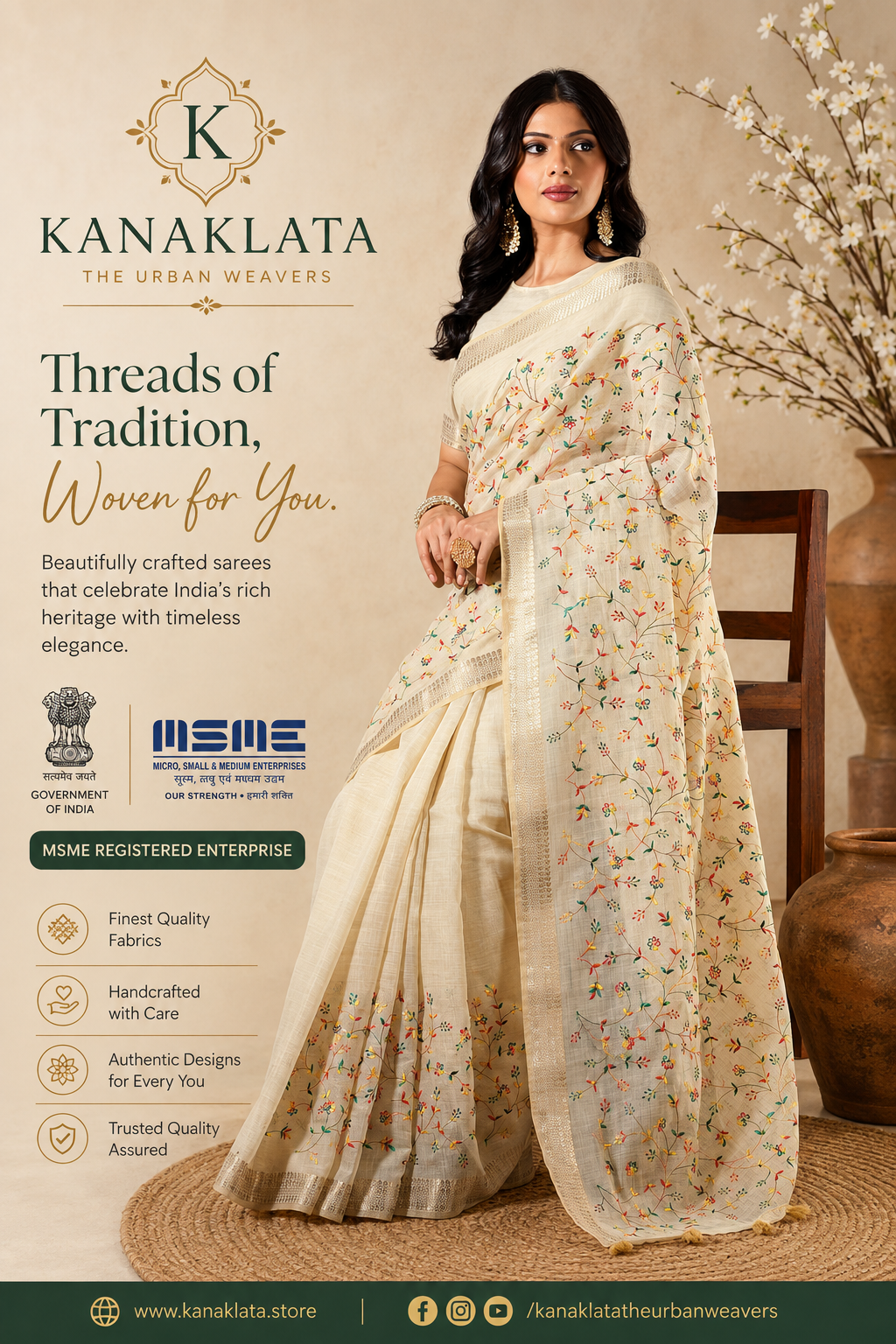 Kanaklata Festive Off-White Linen Blend Saree with Floral Resham Embroidery, Zari Woven Border & Running Blouse
